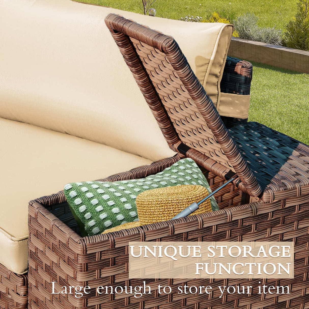 ECOTOUGE 7 Piece Patio Furniture Sets, Half-Moon Circle Conversation Set, Curved Wicker Outdoor Sectional with 2 Storage Armrests and Glass Coffee Table, Garden Balcony and Backyard (Beige) ECOTOUGE