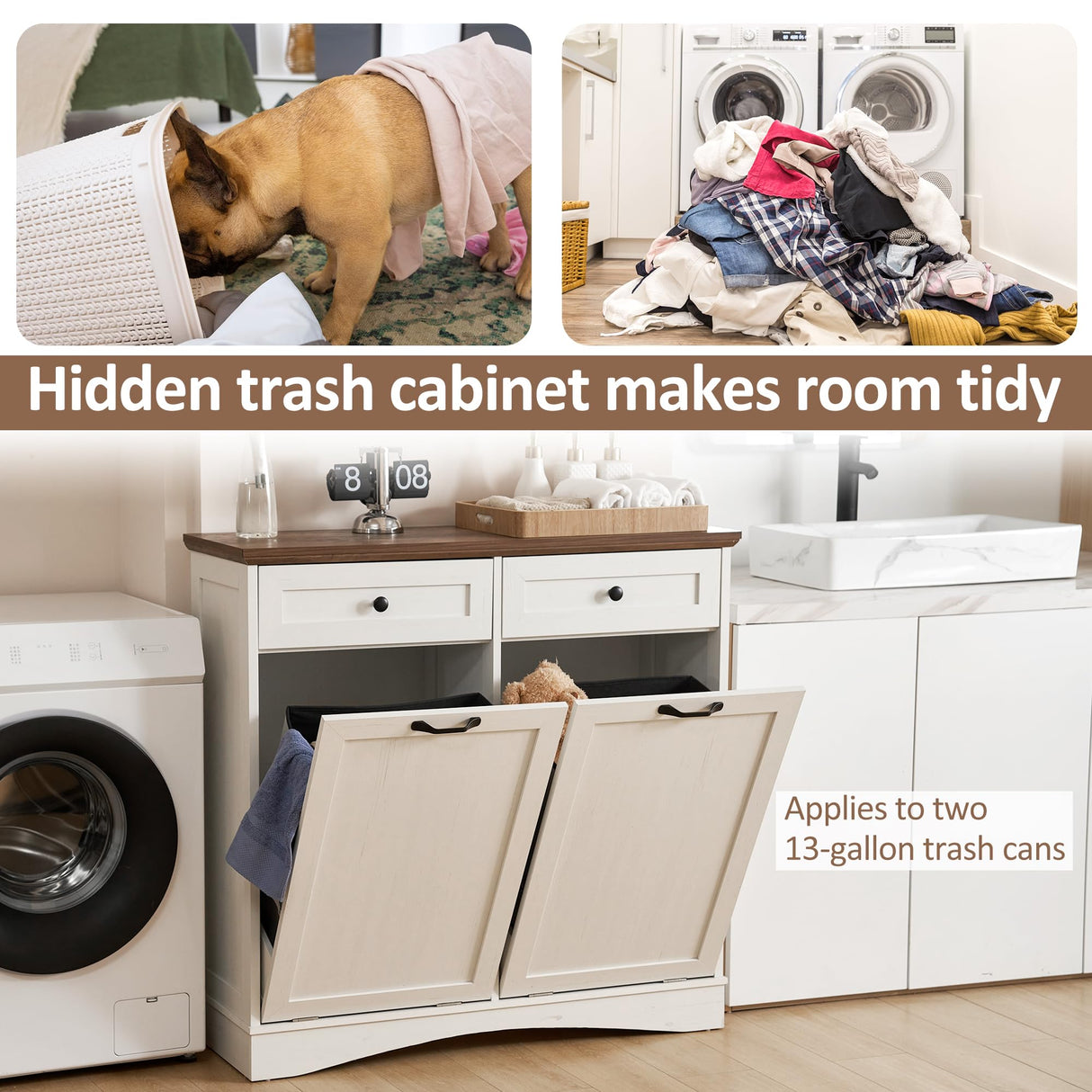 AHB Double Tilt Out Trash Cabinet Freestanding Kitchen Trash Cabinet, 2x13 Gallons Hidden Garbage Recycling Cabinet with Hideaway Drawers Pet Proof Trash Can for Kitchen Living Room, Antique White AHB