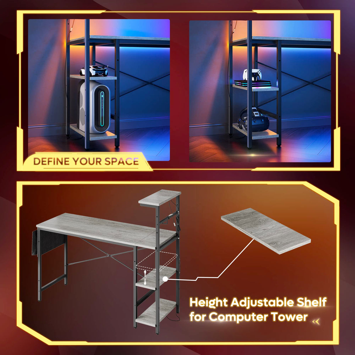 Bestier Gaming Desk with LED Lights, Computer Desk with 4 Tiers Reversible Shelves, 51.3 Inch Home Office Writing Desk with Side Storage Bag, Hooks and Height Adjustable Shelf (Retro Grey Oak) Bestier