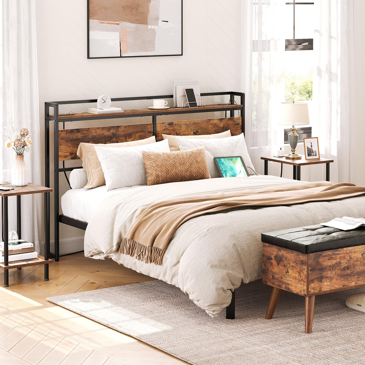 HOOBRO Headboard Queen Size, Headboard with 2 Outlets and 4 USB Ports, Adjustable Height, Storage Rack, Sturdy and Stable, Easy Assembly, Rustic Brown and Black HOOBRO