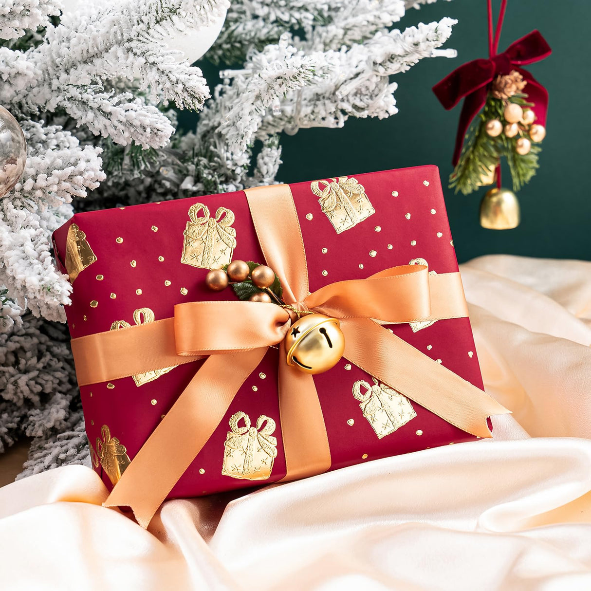 WRAPAHOLIC 3D Kraft Wrapping Paper Roll - Mini Roll - 17 Inch x 16.5 Feet - Gold and Red Christmas Presents Design with Embossed Perfect for Holiday, Party Celebration WRAPAHOLIC