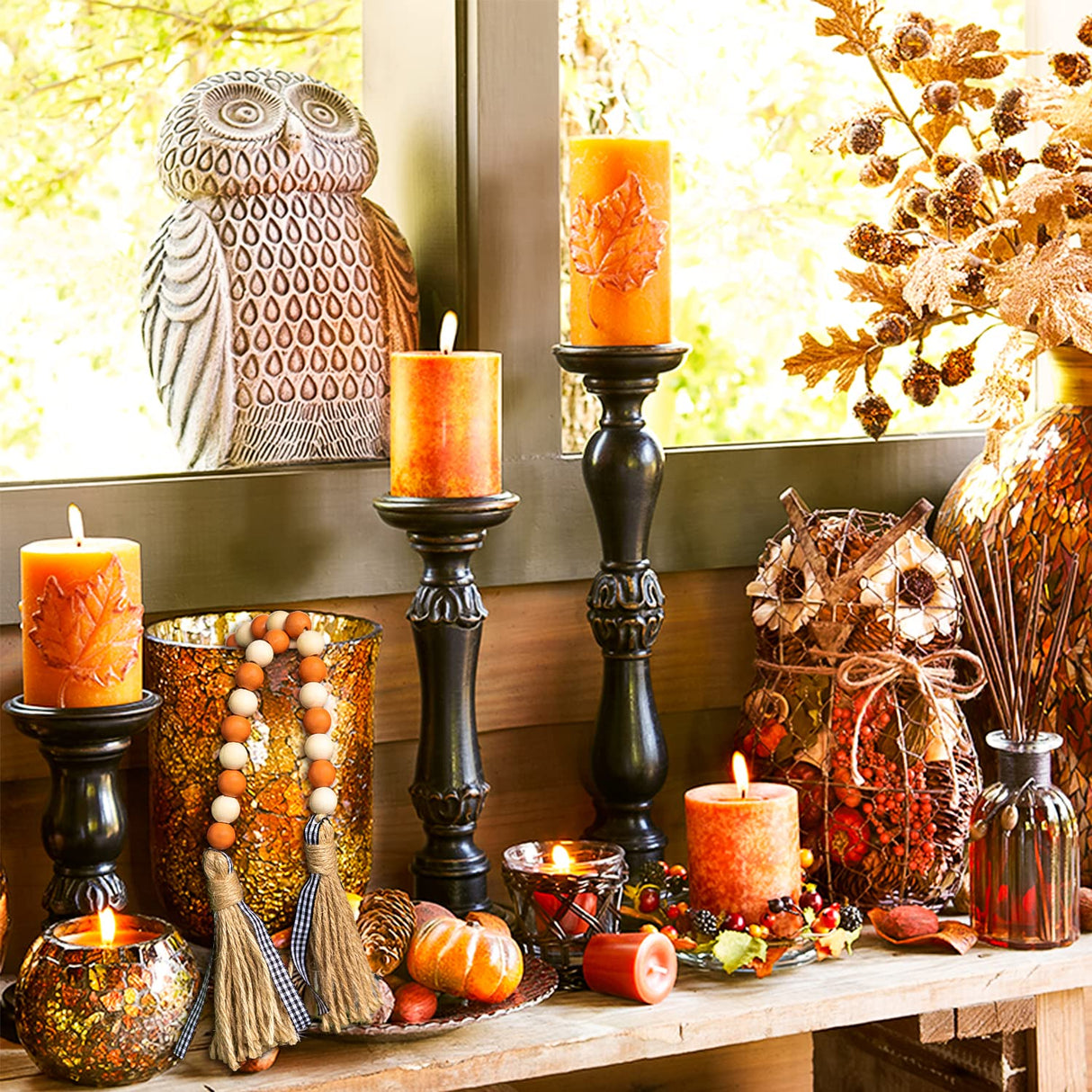 R HORSE Wood Bead Tassel Garland Thanksgiving Farmhouse Rustic Bead with Jute Rope Plaid Tassel Tray Decoration Retro Room Decor Home String Prayer Wall Décor for Nursery Room Vase Ornament R HORSE