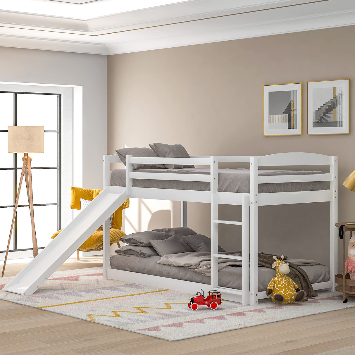 Harper&Bright Designs Twin Bunk Beds with Slide for Kids, Low Profile Bunk Beds with Built-in Ladder, No Box Spring Needed Harper & Bright Designs