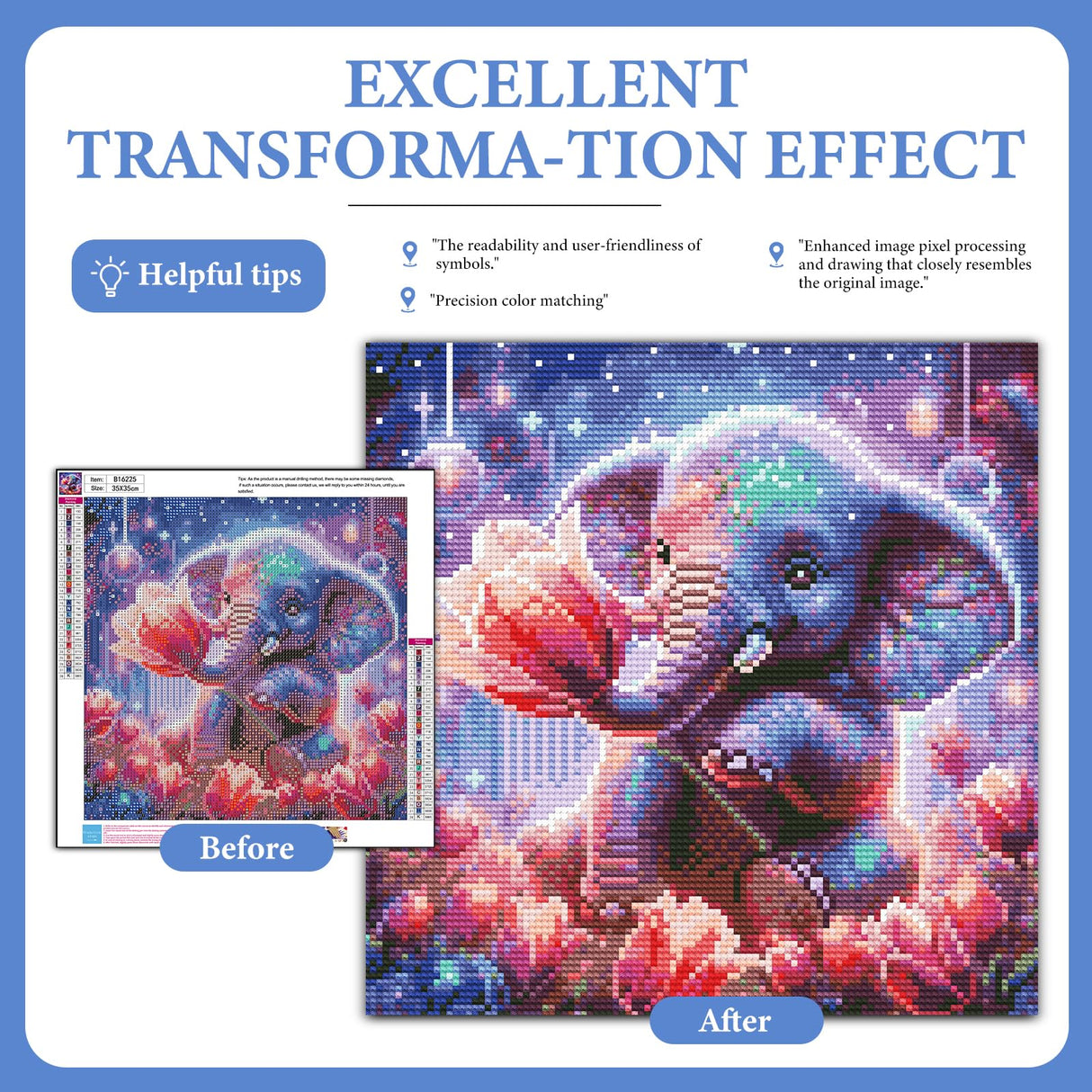 Camocin Diamond Art Kits for Adults Elephant, 5D Tulips Diamond Painting Kits for Adults Beginners, DIY Elephant Full Round Dots Drill Gem Art Kit for Gift Home Wall Decor 14 x 14 Inch Camocin