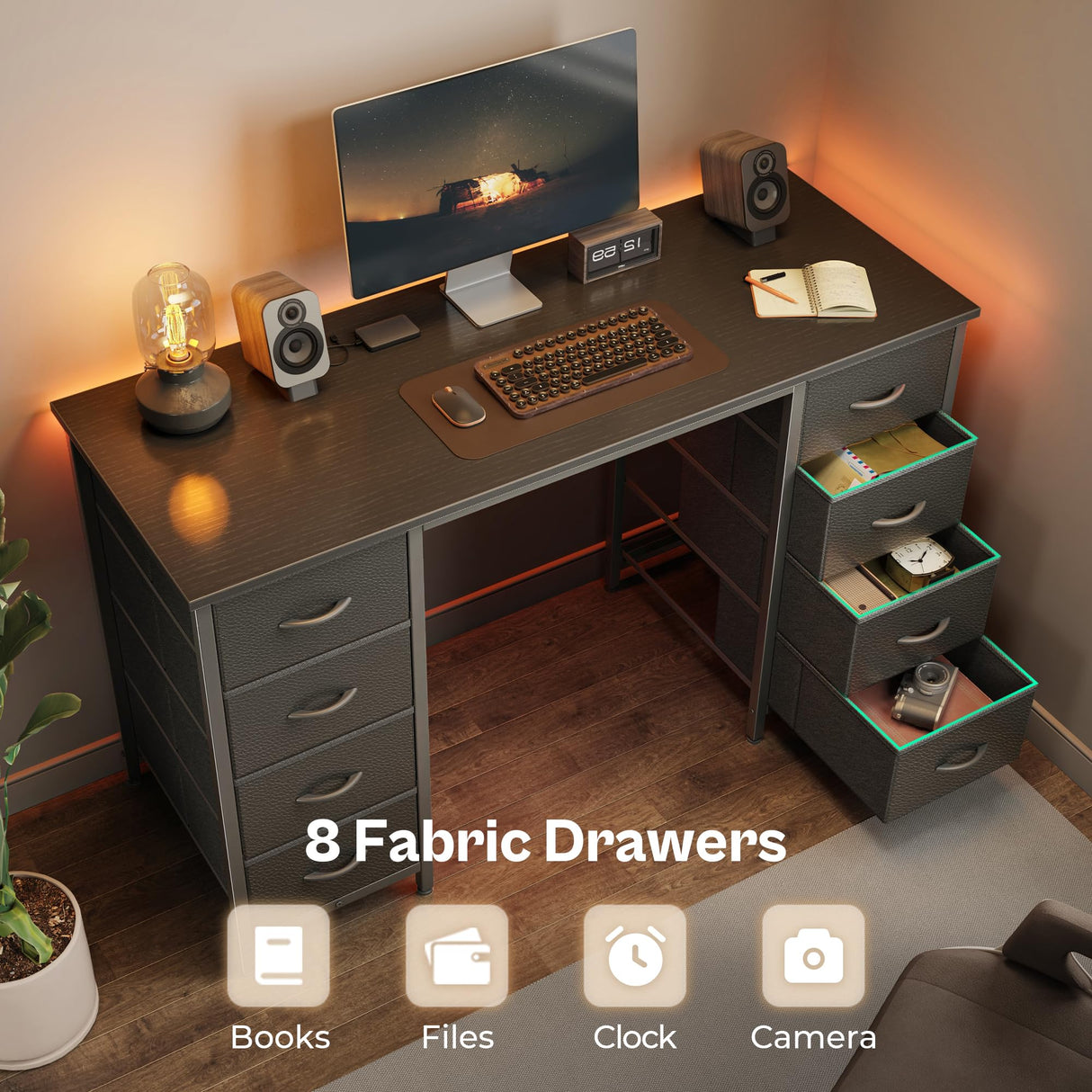 Huuger 47 Inch Computer Desk with 8 Drawers, Office Desk Work Desk for Home Office, Study, Gaming Desk with Fabric Drawers, Large Storage, Black Huuger