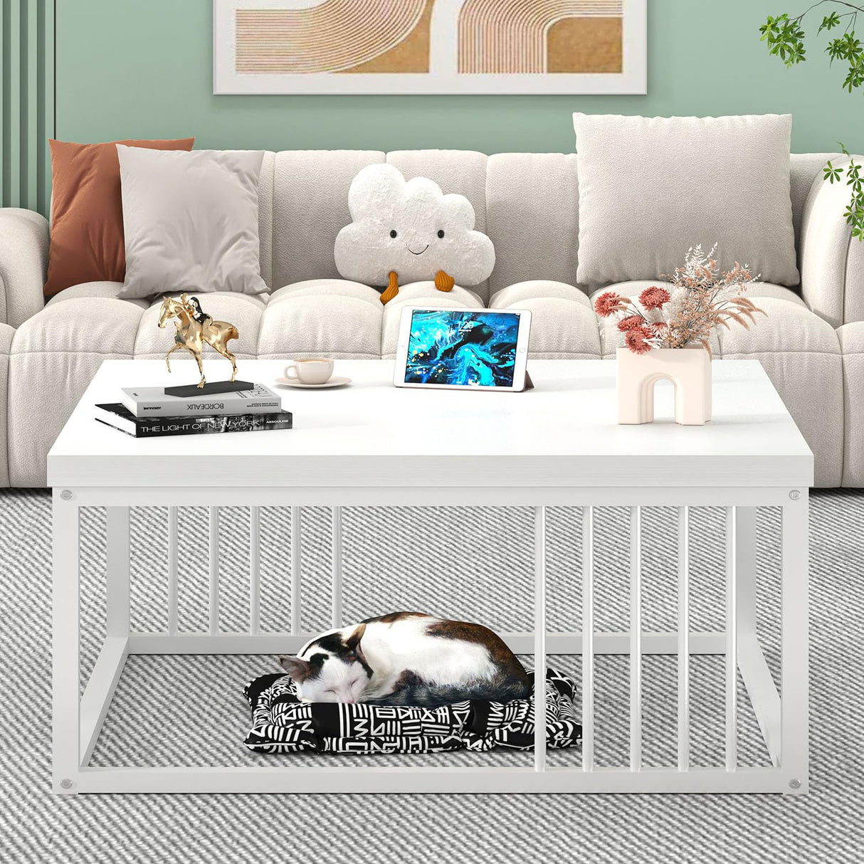 FOLUBAN White Coffee Table, Modern Rustic Wood and Metal Center Table, Industrial Simple Cocktail Tea Table for Living Room, 31.5 Inch FOLUBAN