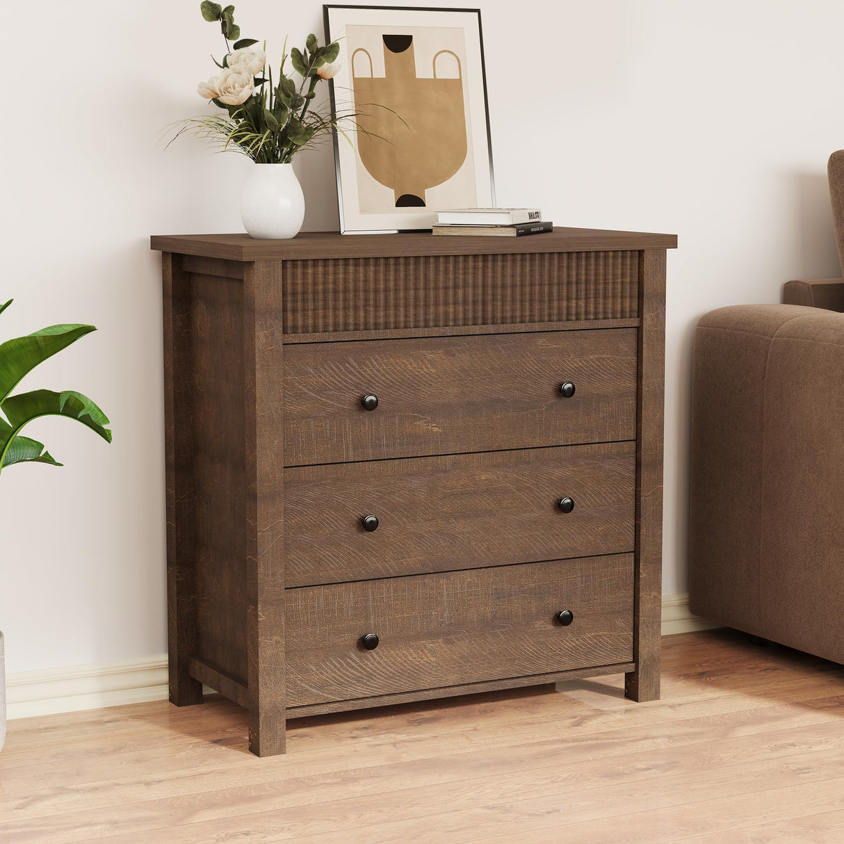 GarveeHome 3 Drawer Dresser, Modern Fluted Nightstand, Wooden Chest of Drawers, Storage End Table Organizer for Bedroom, Living Room, Hallway, Walnut GarveeHome