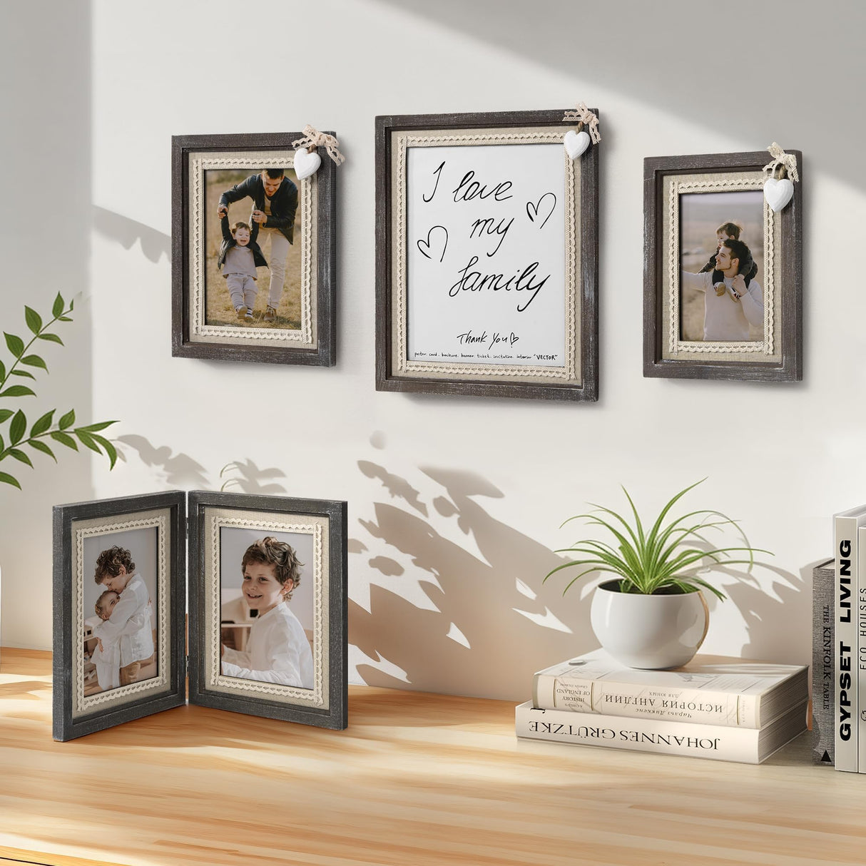 Afuly 8x10 Picture Frame Wooden Distressed Rustic Photo Frame with White Heart Burlap Lace, Solid Wood Frame for Farmhouse Wall Tabletop Home Decor Anniversary Wedding Gifts for Mom Grandma Afuly