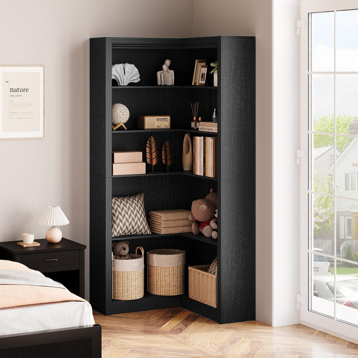 GarveeHome Corner Bookshelf Black, 71.8 in Black Corner Bookcase, L-Shaped Bookshelf Farmhouse Bookcase, 5 Tier Display Shelf Heavy Duty Bookcases, Bookshelves with Storage GarveeHome
