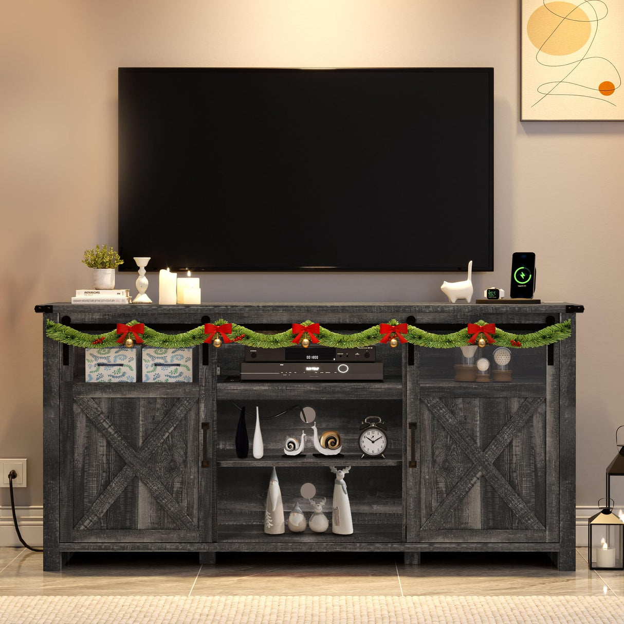 YITAHOME Farmhouse TV Stands for 75 Inch TV with Power Outlets, Entertainment Center with Sliding Barn Doors and Adjustable Shelves, TV Cabinet Media Console Table for Living Room, Dark Rustic Oak YITAHOME