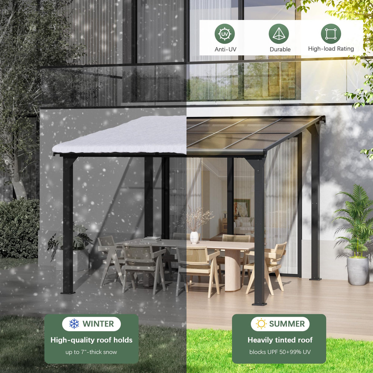 Outdoor Gazebo, Awnings for Patios Decks Backyards with Sunlight Panels, Top Lean to Pergola, Heavy-Duty Metal Sunroom, Frosted Gray (10X10 FT) HOGYME