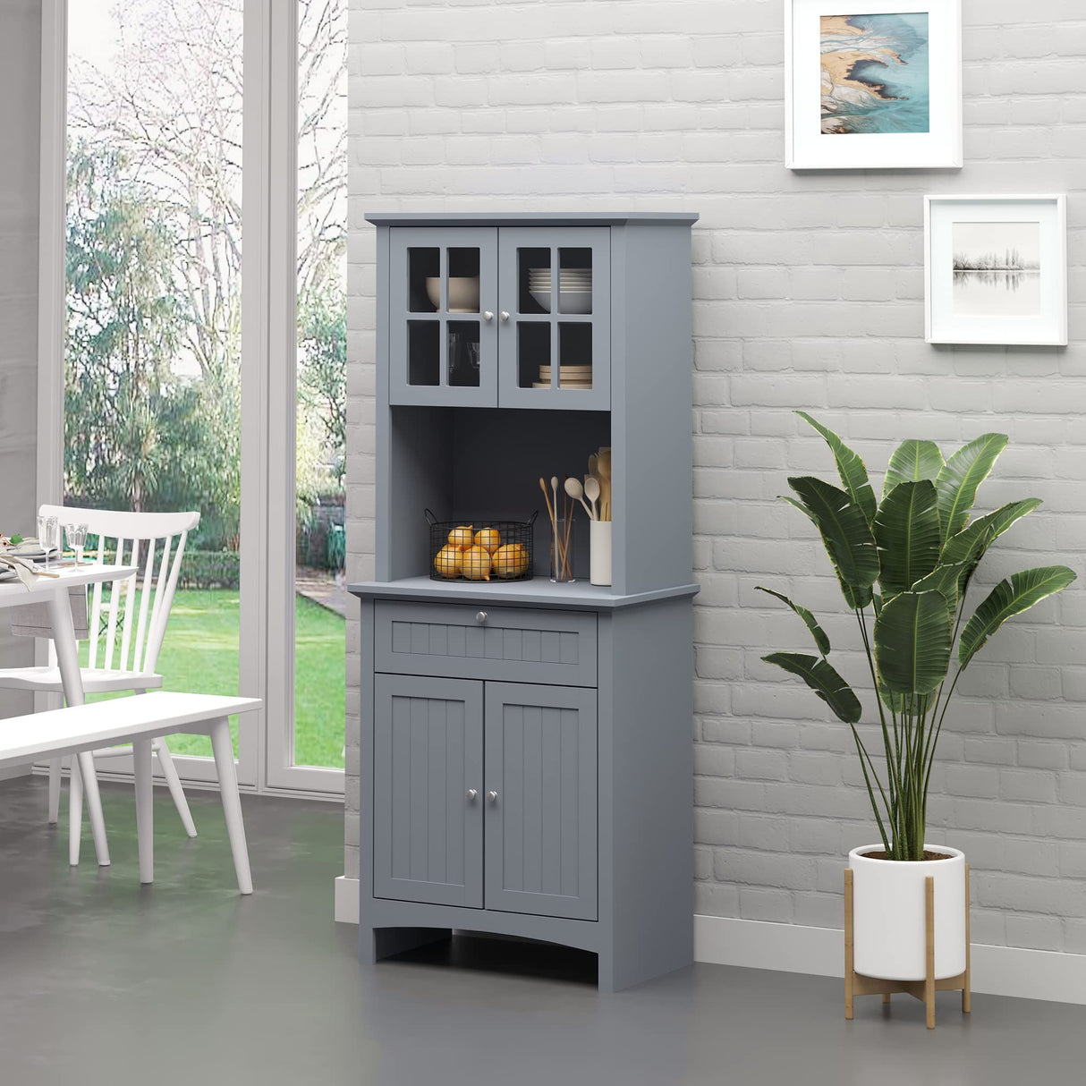 HOMCOM Elegant Buffet with Hutch, Kitchen Pantry Storage Cabinet with Framed Glass Door Drawer and Microwave Space, Grey HOMCOM