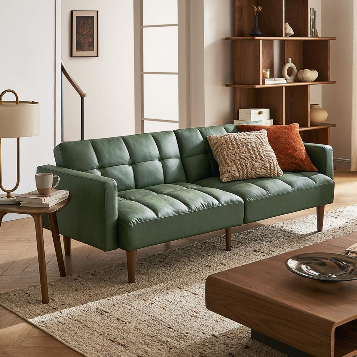 mopio Aaron 76.8" Couch, Small Futon Sofa Bed, Sleeper, Loveseat, Mid Century Modern Futon Couch, Sofa Cama, Couches for Living Room, Bedroom (Sage Green, Faux Leather) mopio