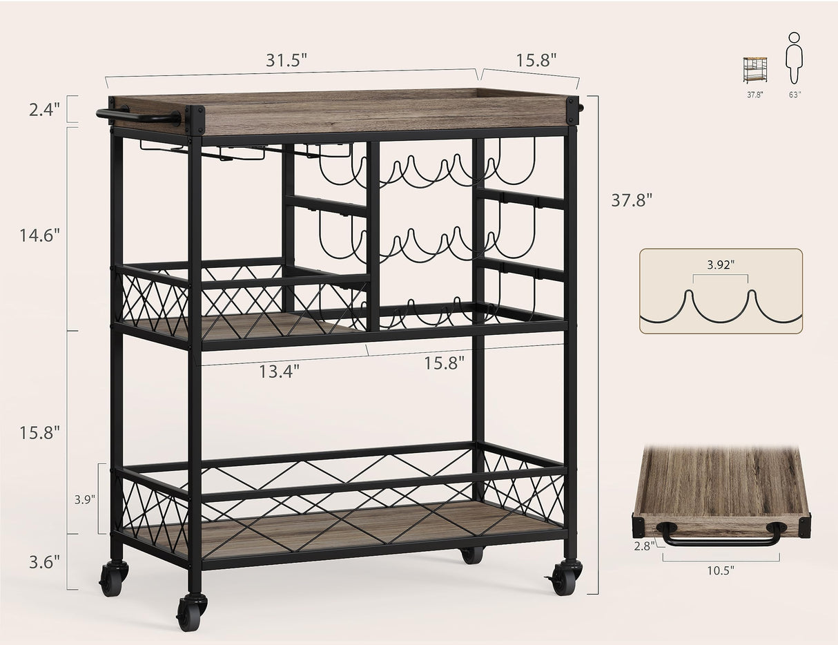 Gizoon 3 Tier 38" Home Bar Serving Cart with Large Storage Space, Mobile Kitchen Storage Trolley with Lockable Wheels, 12 Wine Rack, Glass Holder, Removable Tray (Gray) Gizoon