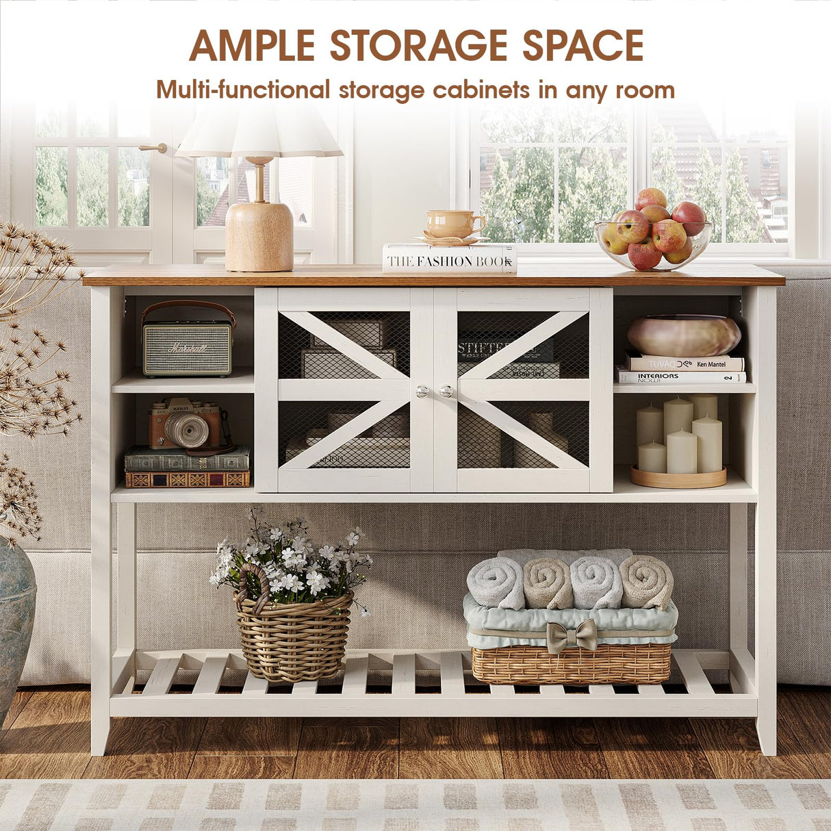 Maupvit Entryway Table with 2 Doors, Farmhouse Sofa Table with Adjustable Storage Shelf,Console Table for Entryway, Hallway,Living Room,White Behind Couch Table Maupvit