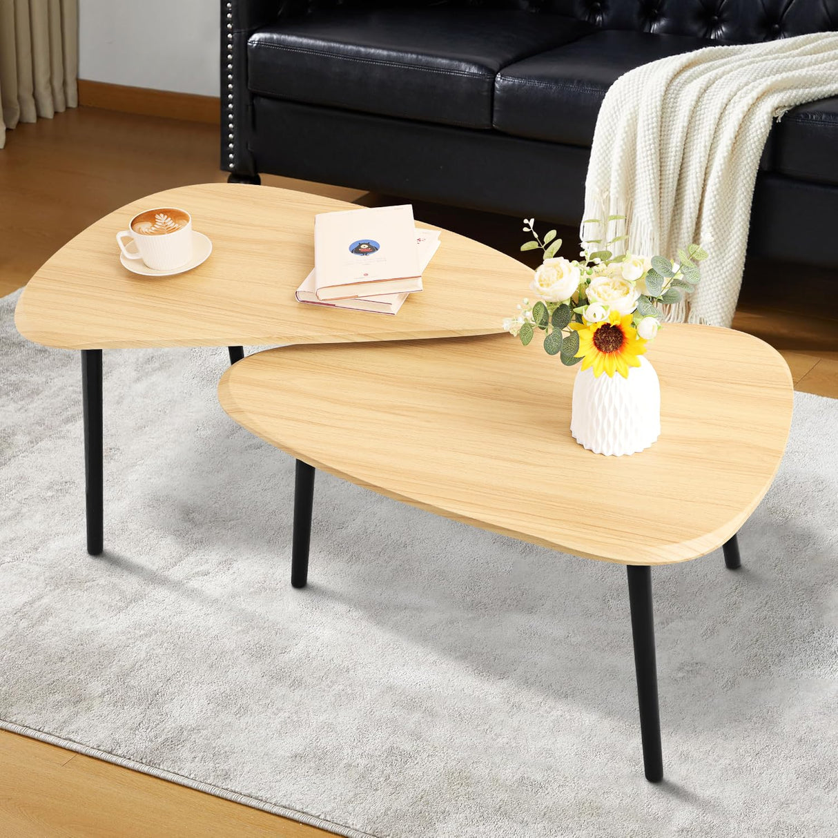 WDSHIYI Wood Nesting CoffeeTable Set of 2 Irregular Accent Table for Living Room Bedroom Industrial Small Stacking Side Tables for Couch,Natural WDSHIYI