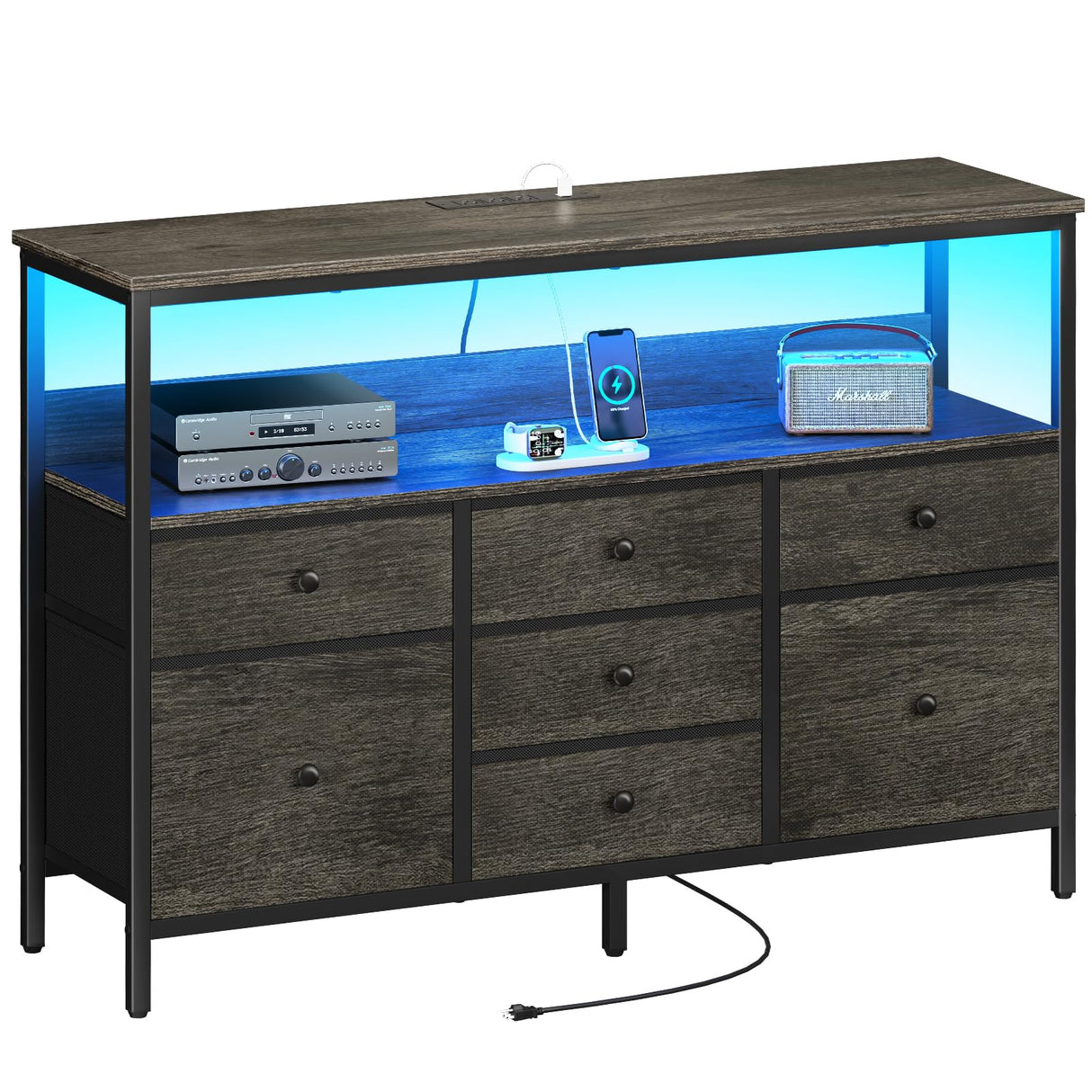 Yoobure TV Stand Dresser for Bedroom, 7 Fabric Drawers Entertainment Center, LED Dressers with Power Outlets, TV Stands for Living Room with Storage Shelf, TV Console Entertainment Stand up to 50" TV Yoobure