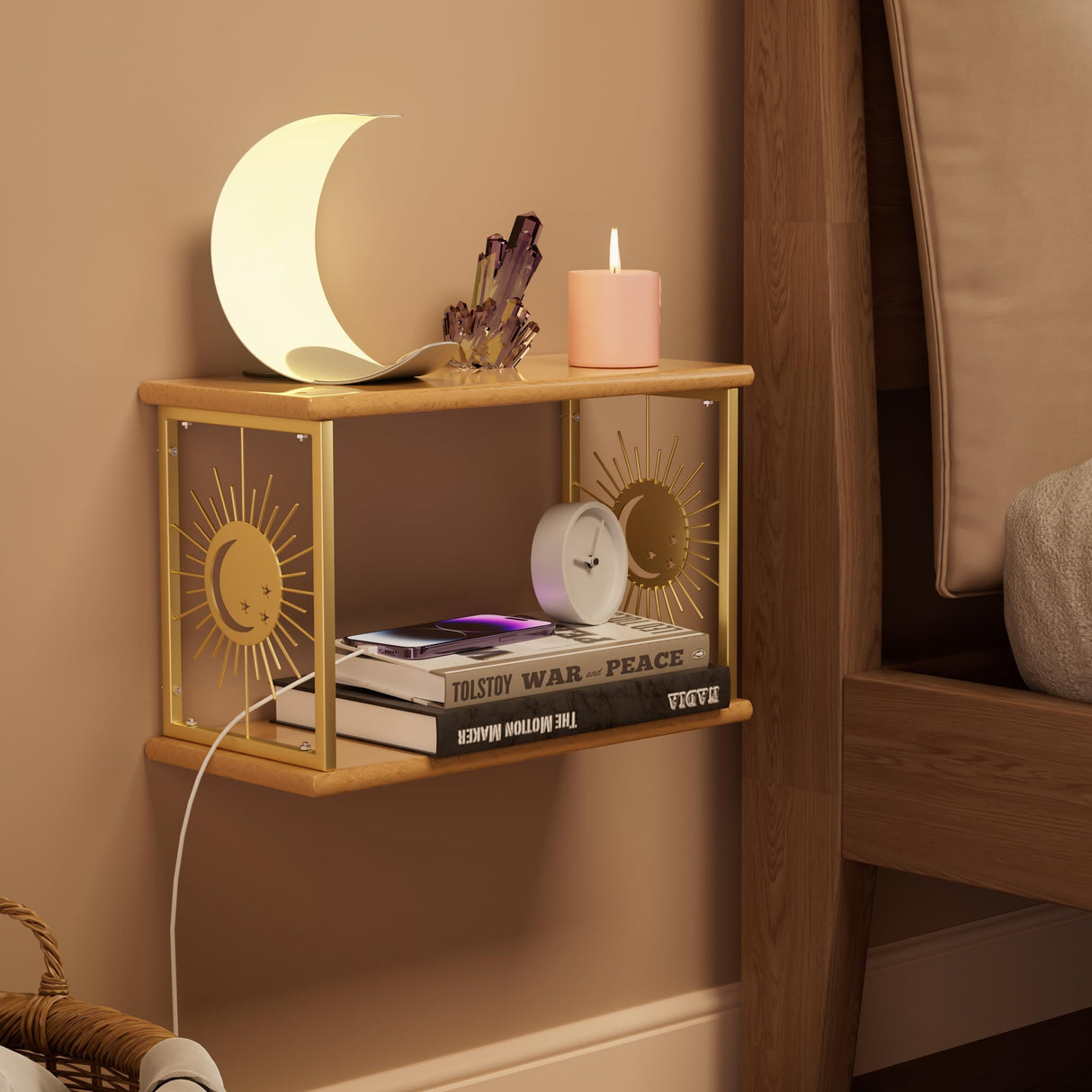 Floating Nightstand by Apresolar - Natural Solid Wood Bedside Table with Celestial Design and 2-Tier Shelf Apresolar