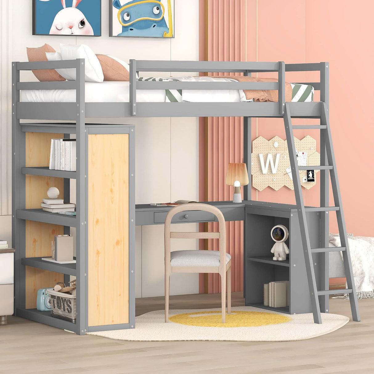 Harper & Bright Designs Twin Loft Bed with Desk, Shelves, and Storage in Grey Harper & Bright Designs