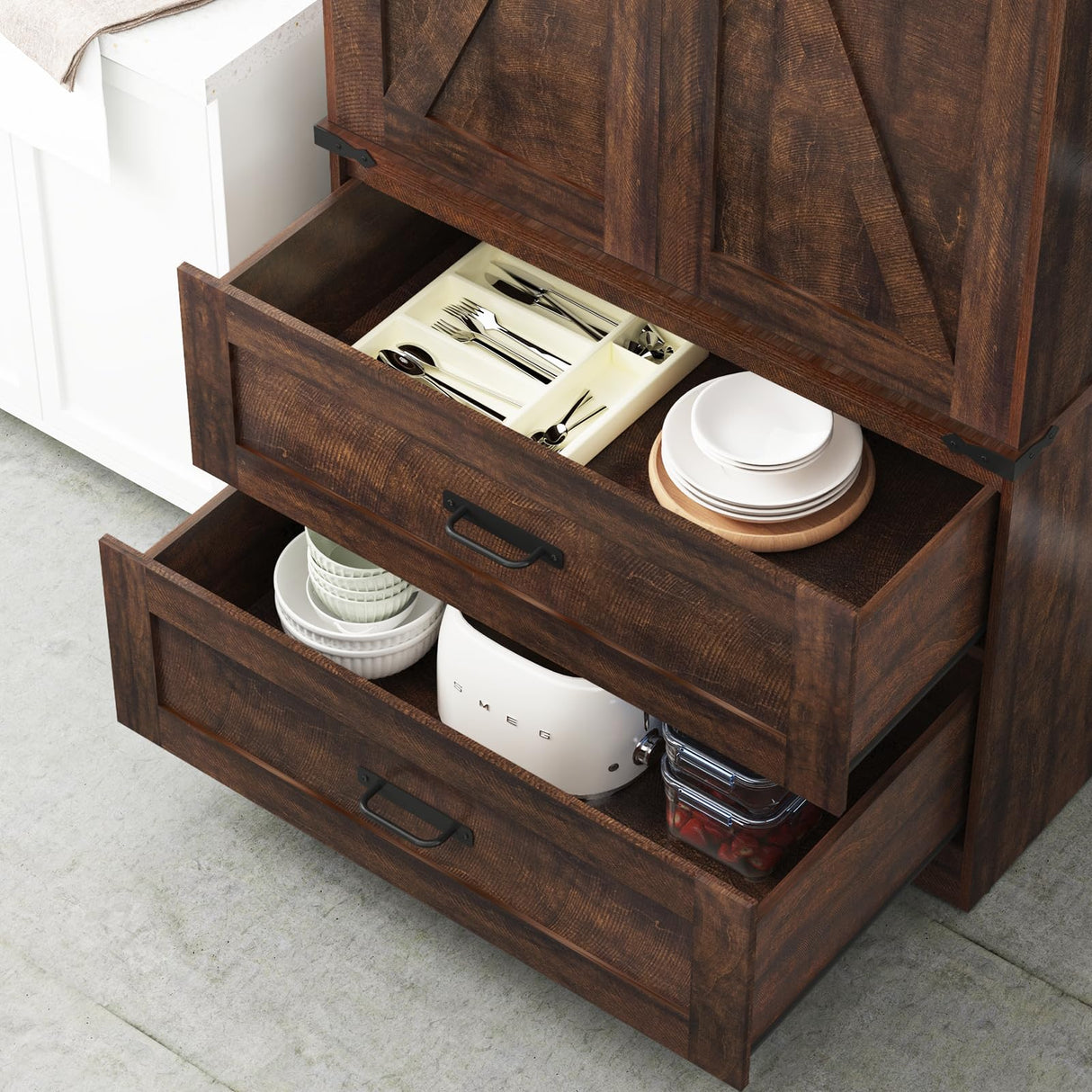 Hlivelood 72" Tall Storage Cabinet with Barn Doors & 2 Drawer, Pantry Cabinet with Adjustable Shelves, Rustic Wood Cupboard for Kitchen, Dining Room, Living Room, Brown Hlivelood