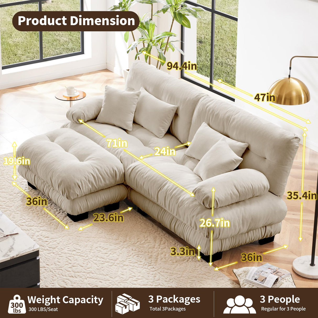 YESER Modular Sectional Sofa, L Shaped Couch with Ottoman, 2 Seater Cloud Couch Small Couches for Small Spaces, Modern Deep Seat Sofa Living Room Oversized Loveseat W/Bolster Armrests 4 Pillows YESER