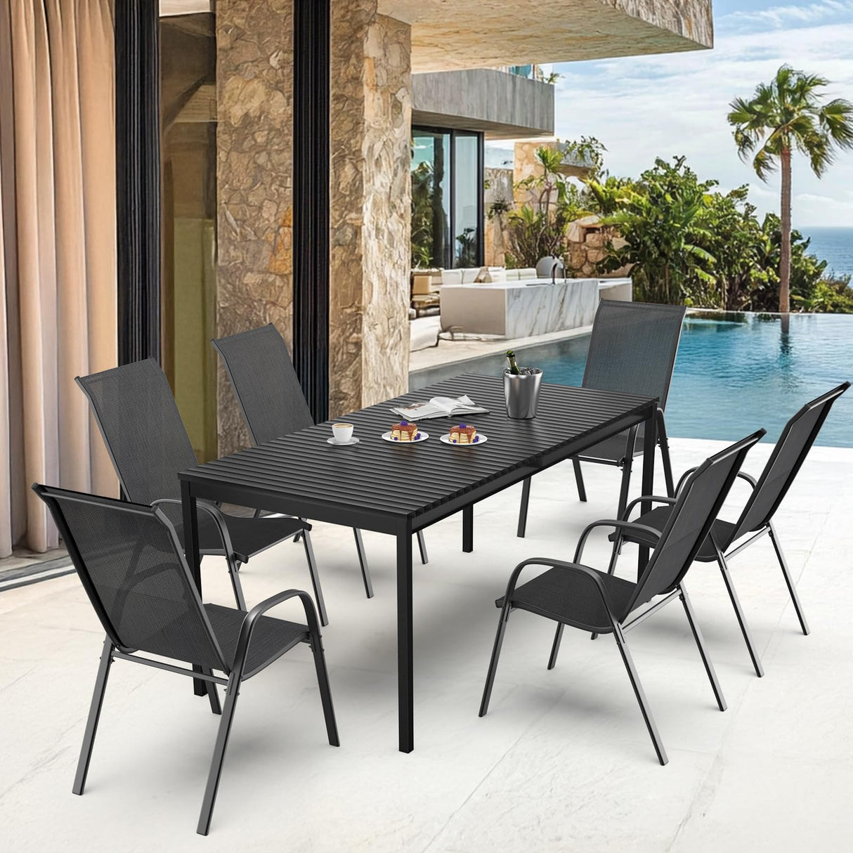 VINGLI Patio Chairs Set of 4 – Stackable Outdoor Dining Chairs with Comfortable Sling High Back Chairs and Armrests for Lawn, Poolside, Courtyard, Balcony, Garden, Black VINGLI