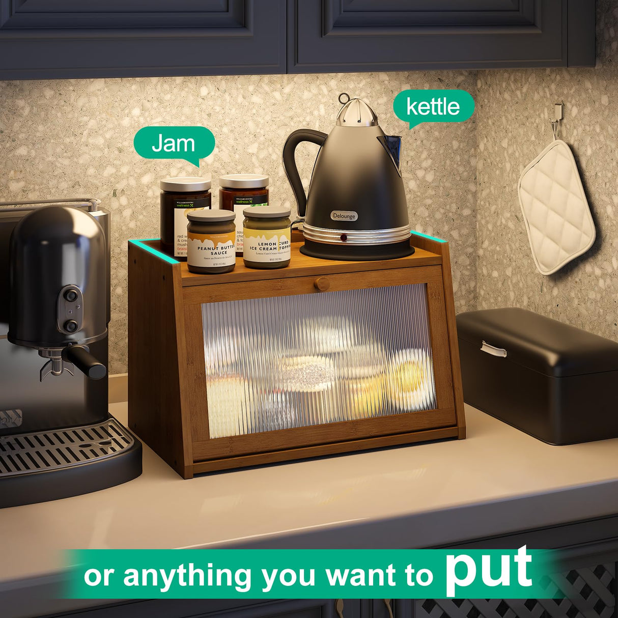 kiplant Bread Box for Kitchen Counter, Large Bamboo Bread Storage Container with Wavy Arcylic Transparent Door, Bamboo Wooden Farmhouse Bread Box for Your House (Brown) kiplant