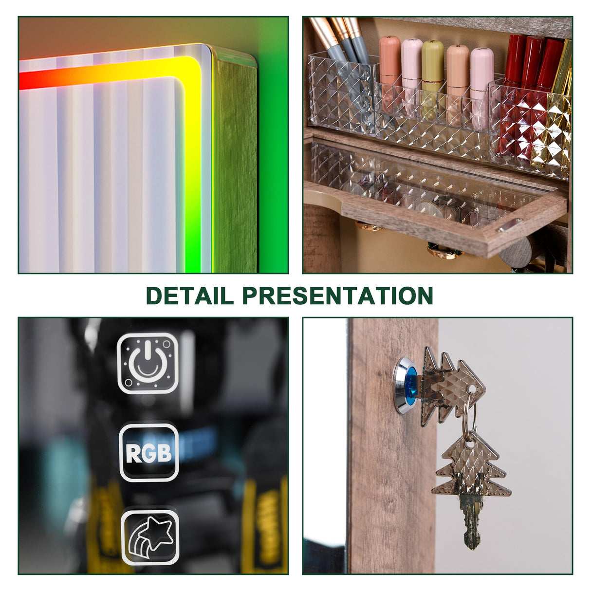 HNEBC LED Mirror Jewelry Cabinet with RGB Lights,47.2" Wall Mounted Jewelry Organizer with Full-Length Mirror,Over The Door Hanging Jewelry Armoire Storage Cabinet,Folding Dresser,2 Drawers,Lockable HNEBC