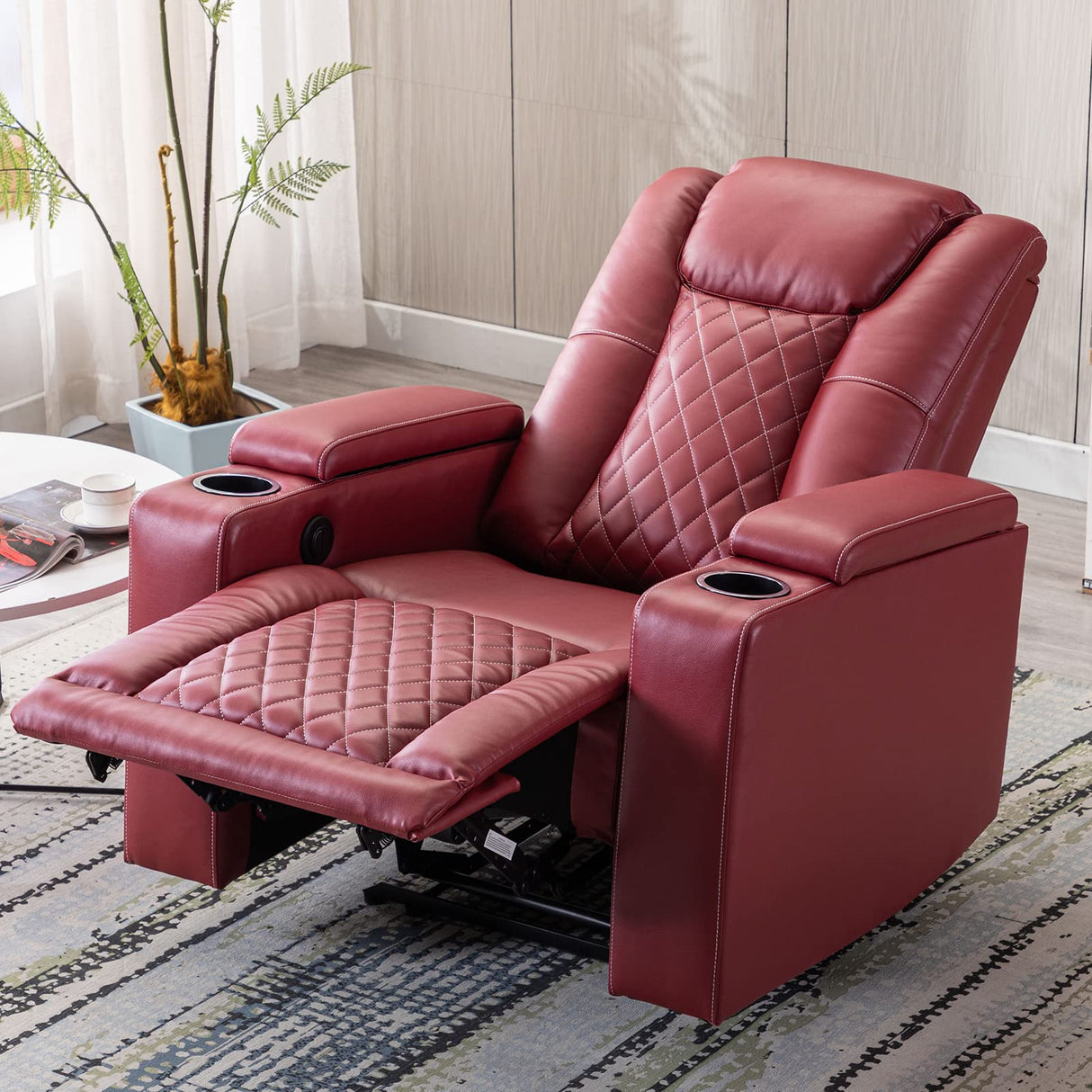 ANJ Electric Power Recliner Chair Soft Leather Reclining with USB Ports and Cup Holders, Red Home Theater Seating with Hidden Arm Storage Movie & Media Room Chairs ANJ