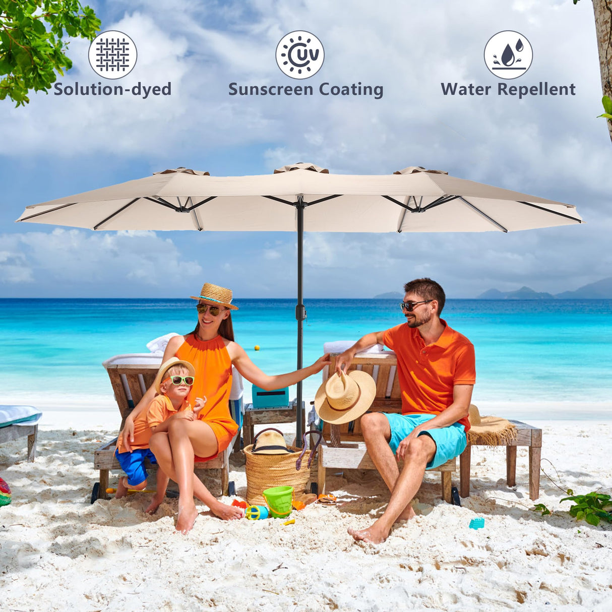 STLVUEO 15ft Double-Sided Large Patio Umbrella, Outdoor Rectangular Market Umbrella with Crank Handle for Poolside, Garden, Lawn, and Deck (Khaki) STLVUEO