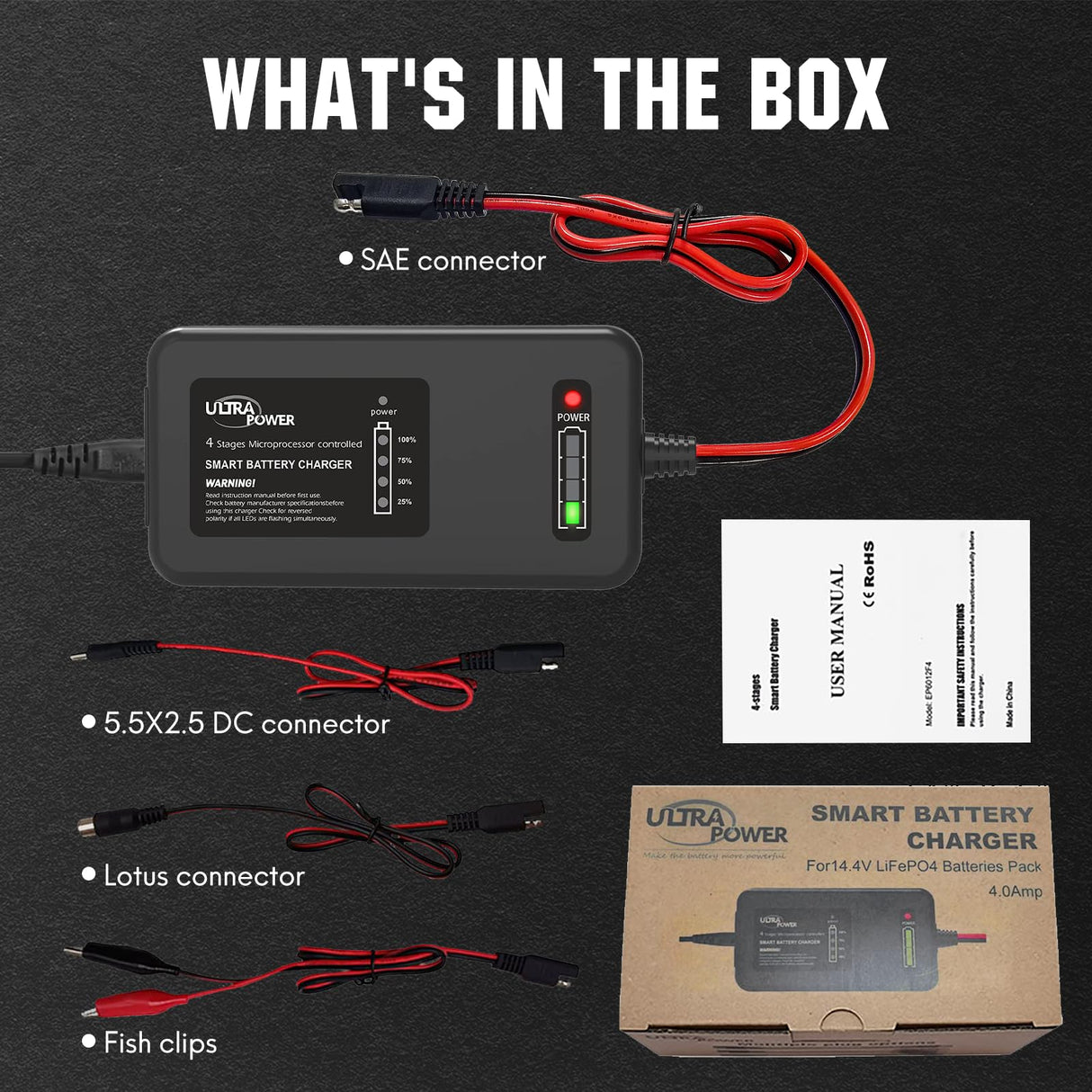 ULTRAPOWER 4-Amp 14.6 Volt LiFePO4 Battery Charger,12.8 Volt LiPO Lithium Battery Charger,Smart Battery Charger Maintainer for Cars,Motocycles,Golf Carts,UAV,Fishing Boat and Deep Cycle Batteries. ULTRA POWER