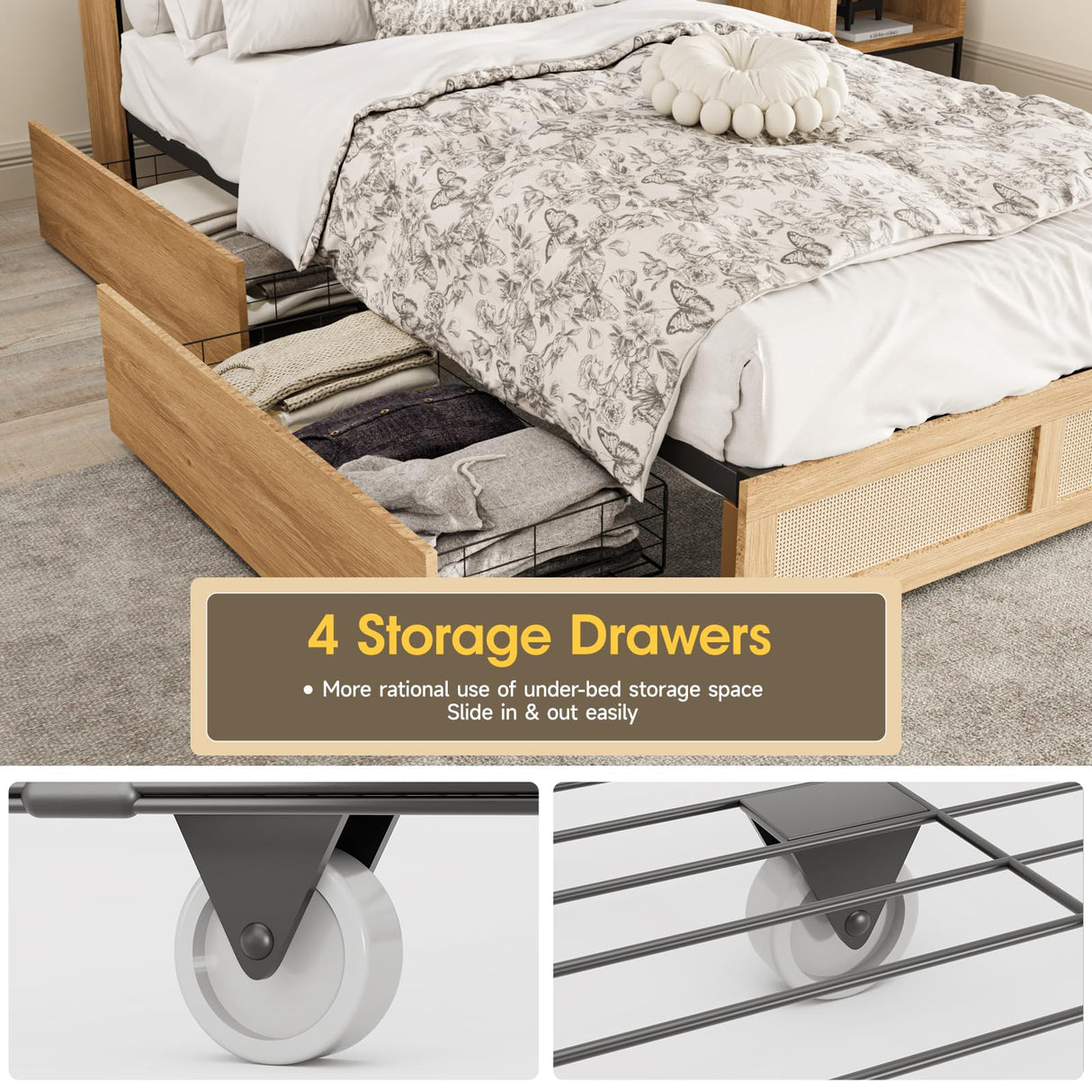 Fameill Twin Bed Frame with LED Light and Storage Rattan Headboard and 4 Drawers,Charging Station,Metal Platform with Strong Metal Slats Support,Boho Cane Bed Mattress Foundation No Box Spring Needed Fameill