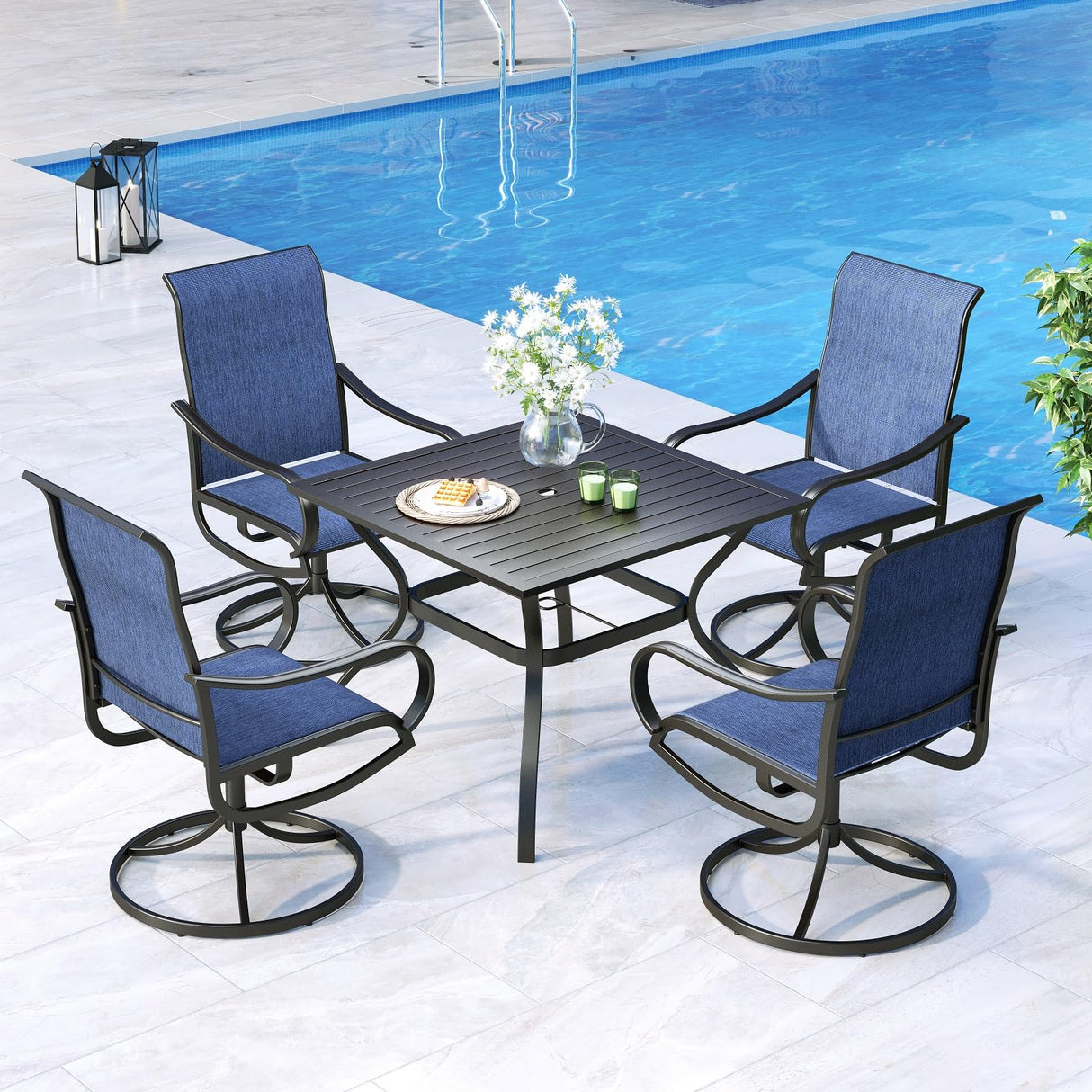 MFSTUDIO Patio Table and Chairs Set of 4, Outdoor Dining Set with Metal Table and Swivel Chairs, 5 Piece Patio Furniture Set for Deck/Backyard/Poolside/Garden MFSTUDIO