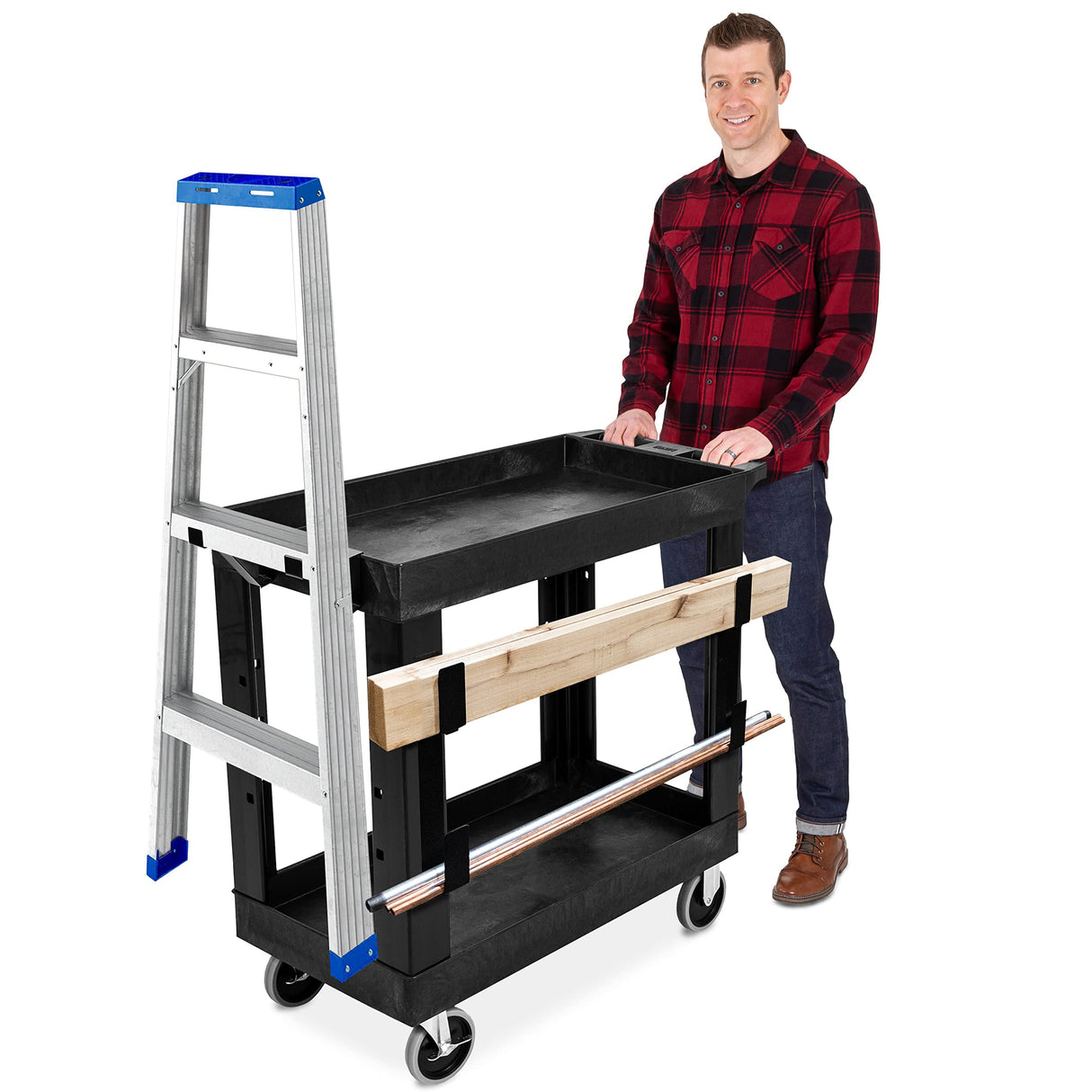 Stand Steady Tubstr 2 Shelf Utility Cart | Heavy Duty Service Cart Holds 400 lbs. | Adjustable Storage Hooks, Ladder & Spool Holders | Tub Cart for Stand Steady