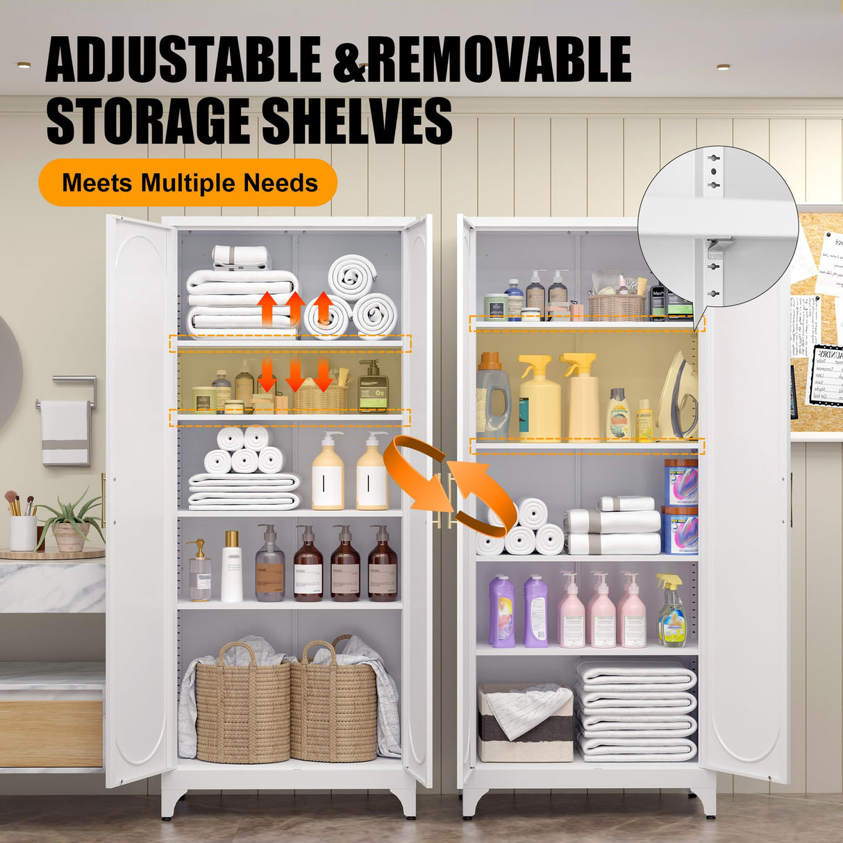 Metal Storage Cabinet with Doors, 75" Tall Kitchen Pantry Storage Cabinets, White Pantry with Adjustable Shelves, Home Office Cabinet, Large Cupboard, High Leveling Feet- Assembly Required MetalMax