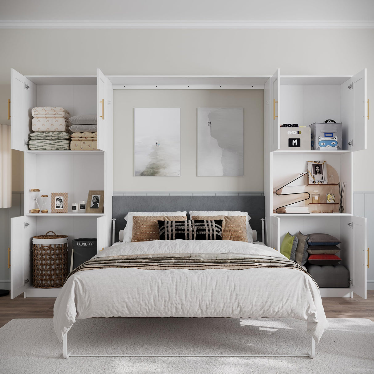 Mekminop Modern Queen Murphy Bed with Storage Cabinet and Open Shelves, Hidden Foldable Wall Cabinet Bed Frame with Wood Slat, Space-Saving, No Spring Box Required, White Mekminop