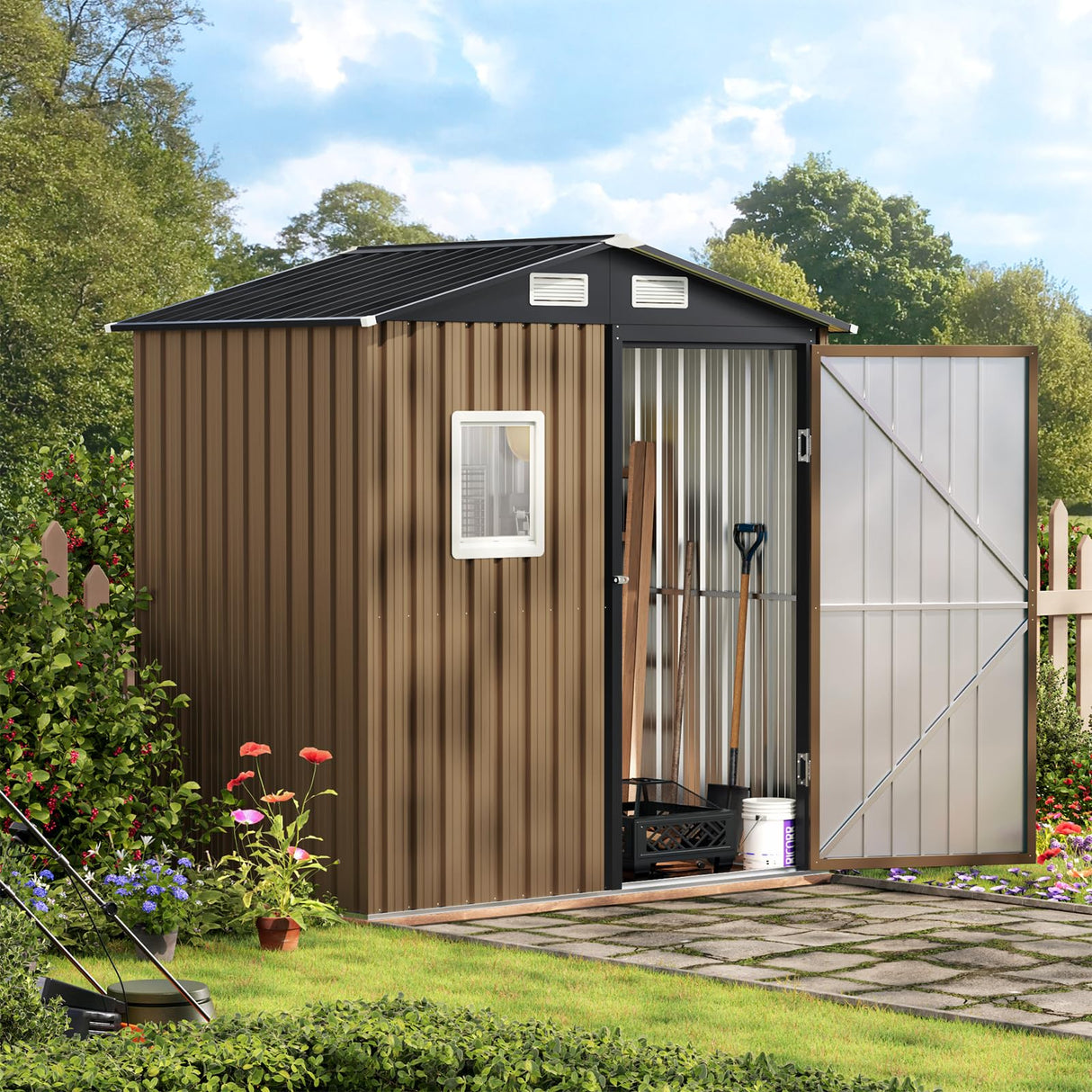 MistMo 6X4FT Outdoor Steel Storage Shed with Lockable Doors, One Window,Ideal for Garden, Backyard, Patio Storage,Brown Mistmo