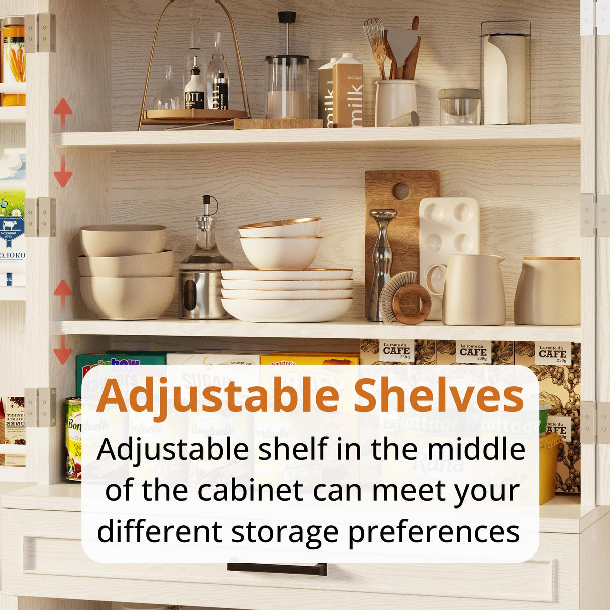 IRONCK Farmhouse Kitchen Pantry Cabinet, 72" Height Tall Freestanding Cupboard with Sliding Storage Rack and 6 Hanging Shelves for Kitchen, Dining Room, White IRONCK