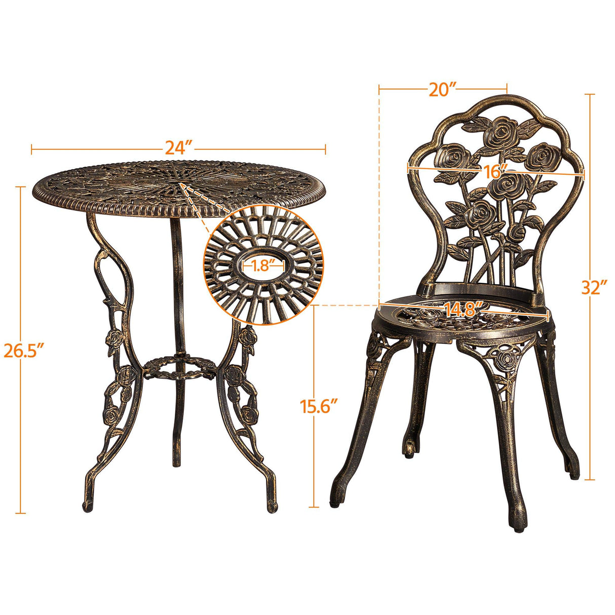Yaheetech 3-Piece Outdoor Bistro Set w/Rose Design, Rust-Resistant Cast Aluminum Table and Chairs w/Umbrella Hole for Balcony Backyard Garden - Bronze Yaheetech