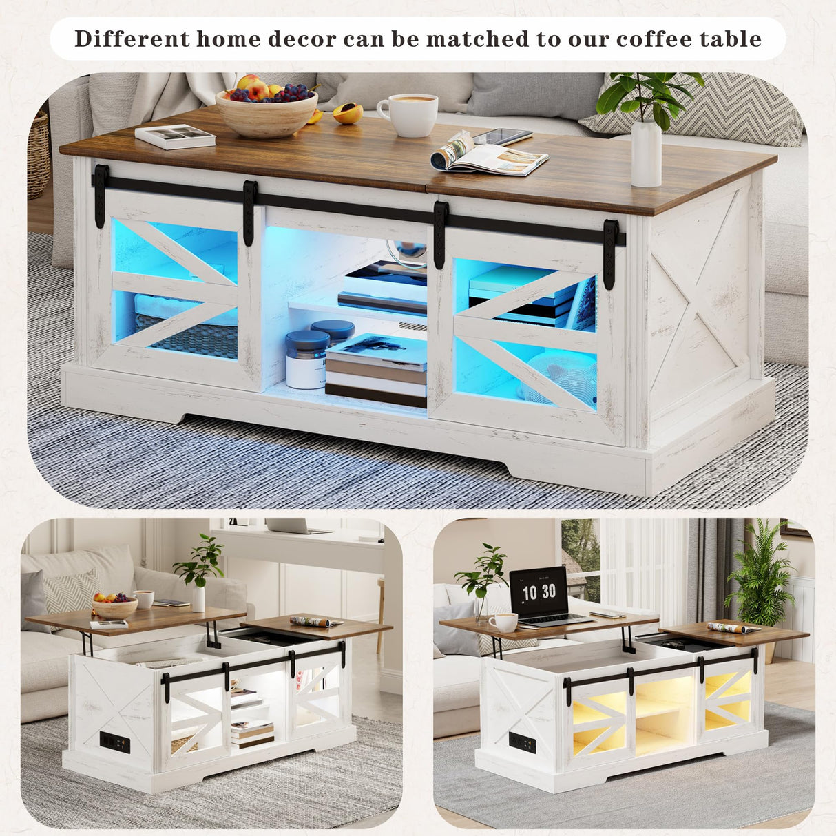 Lift Top Coffee Table with Gun Cabinet, 2 Sliding Barn Doors-Large Storage and 3 Color LED Lights fit Modern Rectangular Rustic Living Room Center Table(White) HWB