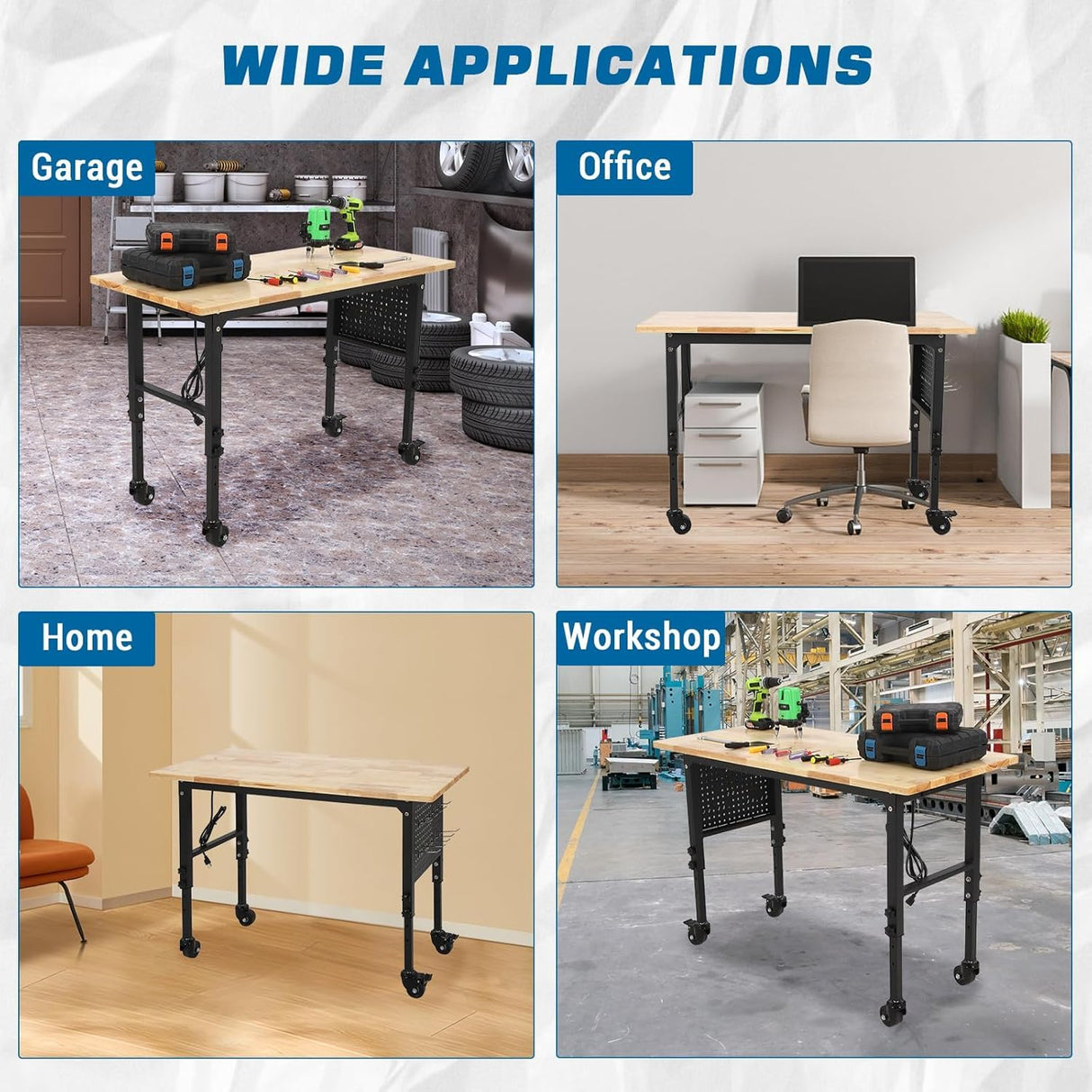 40 InAdjustable Heavy Duty Work Bench - 2000LB Rolling Workbench Capacity Rubber Wood Top with Power Outlets, Pegboard & Wheels for Garage, Workshop, Office Attracoast