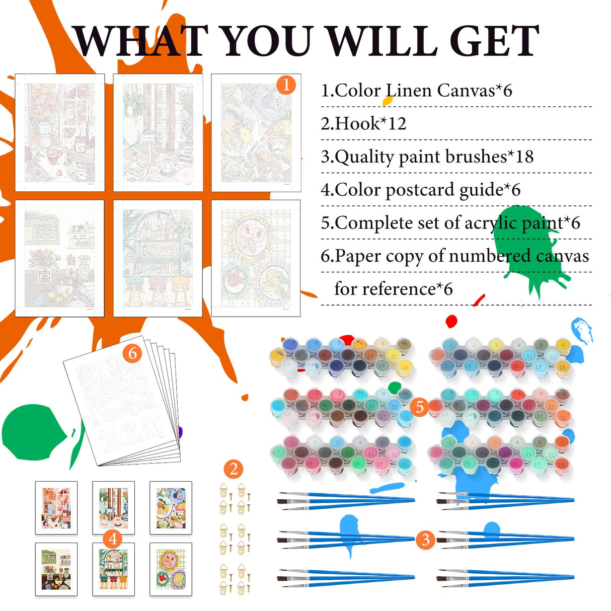 6 Pack Paint by Numbers Kit for Adults Beginner, Coffee Adult Paint by Number Kits on Canvas Without Frame, DIY Acrylic Fruit Oil Painting by Numbers for Home Decor Gift 10” W x 14”L Fountor