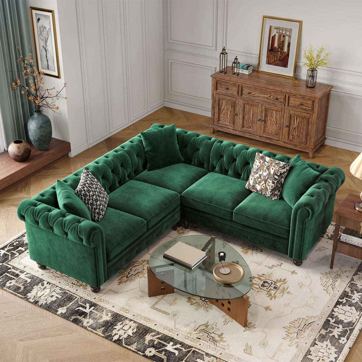 ONBRILL Chesterfield L Shaped Sofa, Velvet Sectional Couches for Living Room, Tufted Corner Couch with Rolled Arms, 3 Throw Pillows, Comfy L Shaped Sectional Sofa for Apartment, Green ONBRILL
