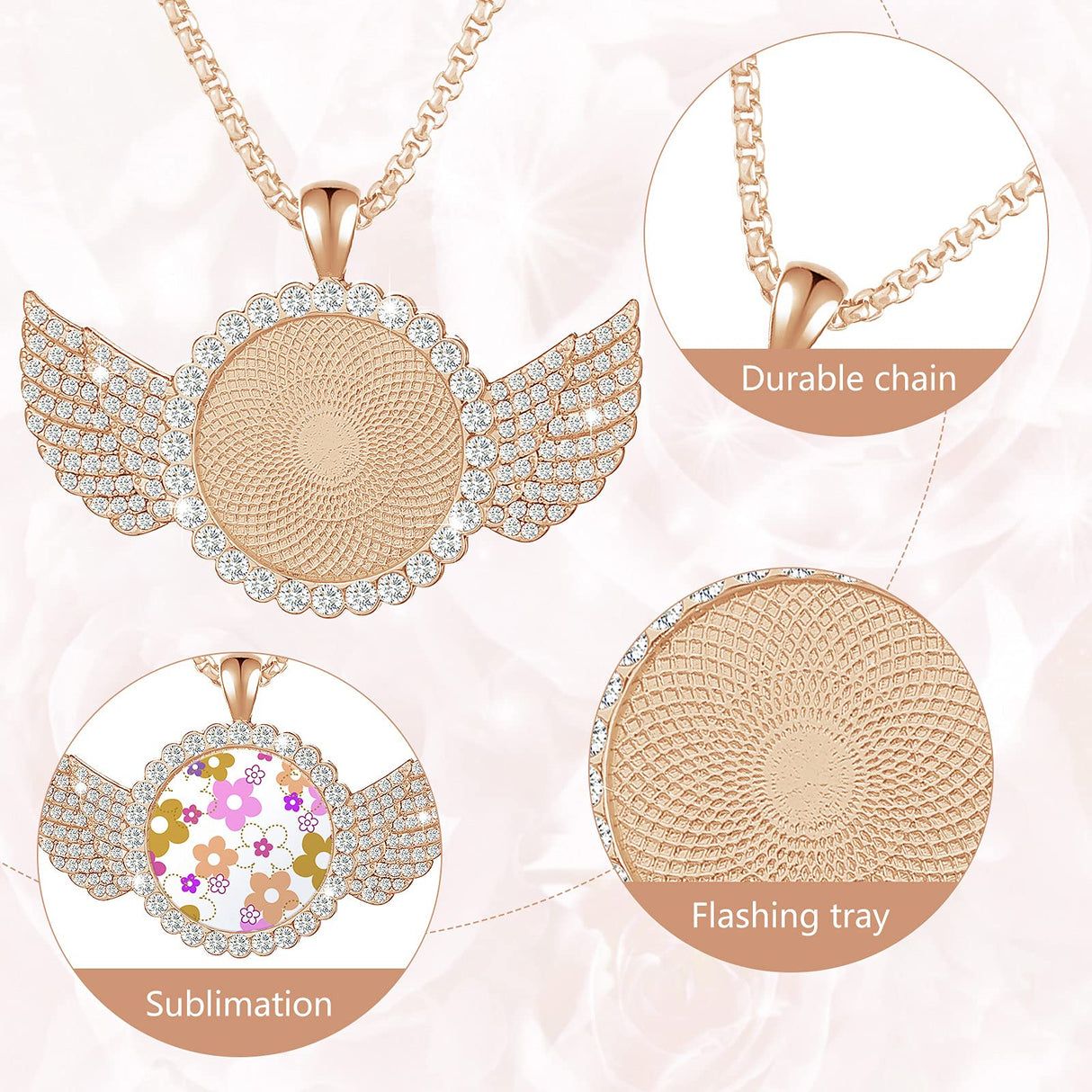 9 Pieces Sublimation Blank Necklace with Chain Set Blank Necklace Rhinestone Wing Shape Bezel Pendant Tray, 25 mm Sublimation Sheet, Double Sided Tape for DIY (Round Shape Style) Hicarer