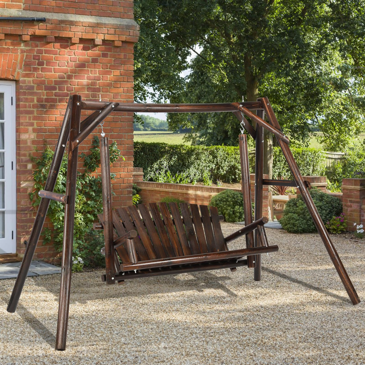 HOMEDIARY Wooden 2-Seat Porch Swing with A-Frame Stand, Outdoor Patio Swing Chair Bench w/Slatted Design, Outside Swing Bench w/550lbs High Capacity for Garden Patio Backyard Porch, Carbonized HOMEDIARY