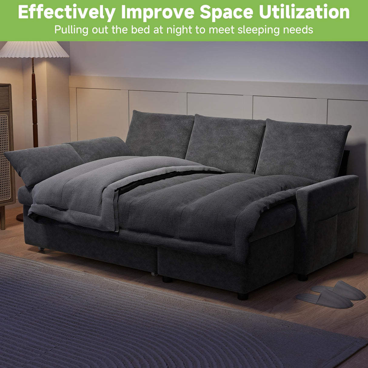 Real Relax 80'' Sofa Bed, L Shaped Chenille Sleeper Sofa Couch with Pull Out Bed and Chaise Storage for Living Room, Apartment and Office, Dark Gray Real Relax