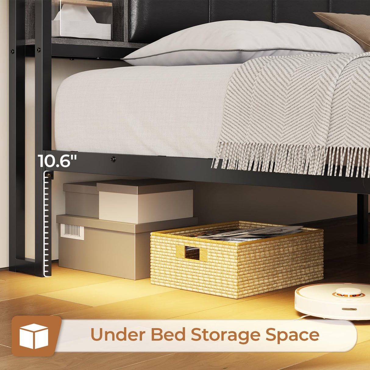 VIAGDO Twin Bed Frame with LED Lights, Upholstered Storage Headboard, Charging Station, and Drawers VIAGDO