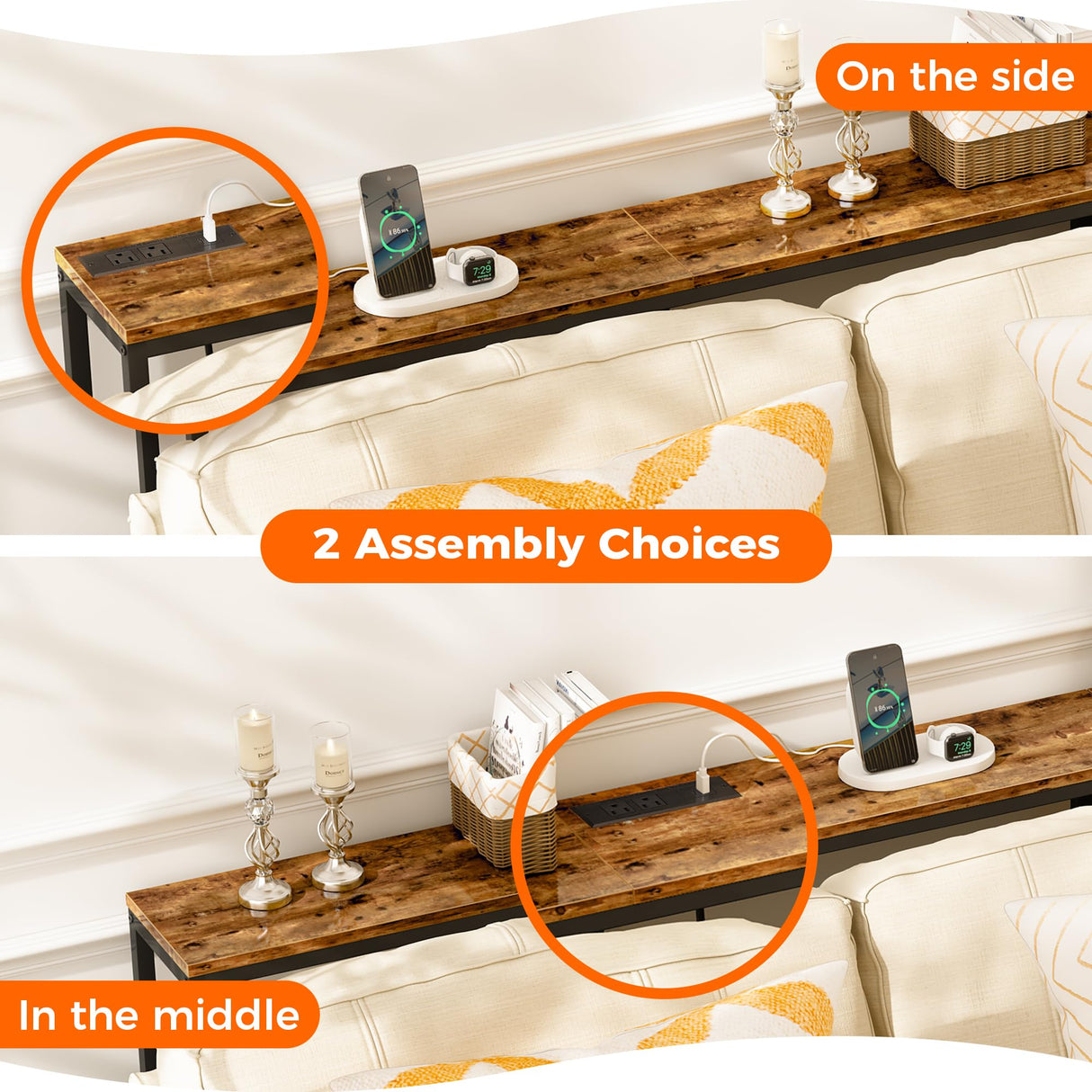 SUPERJARE Console Table with Outlet, 63 Inch Sofa Table with Charging Station, Narrow Entryway Table, Skinny Hallway Table, Behind Couch Table, for Living Room, Plants - Rustic Brown SUPERJARE