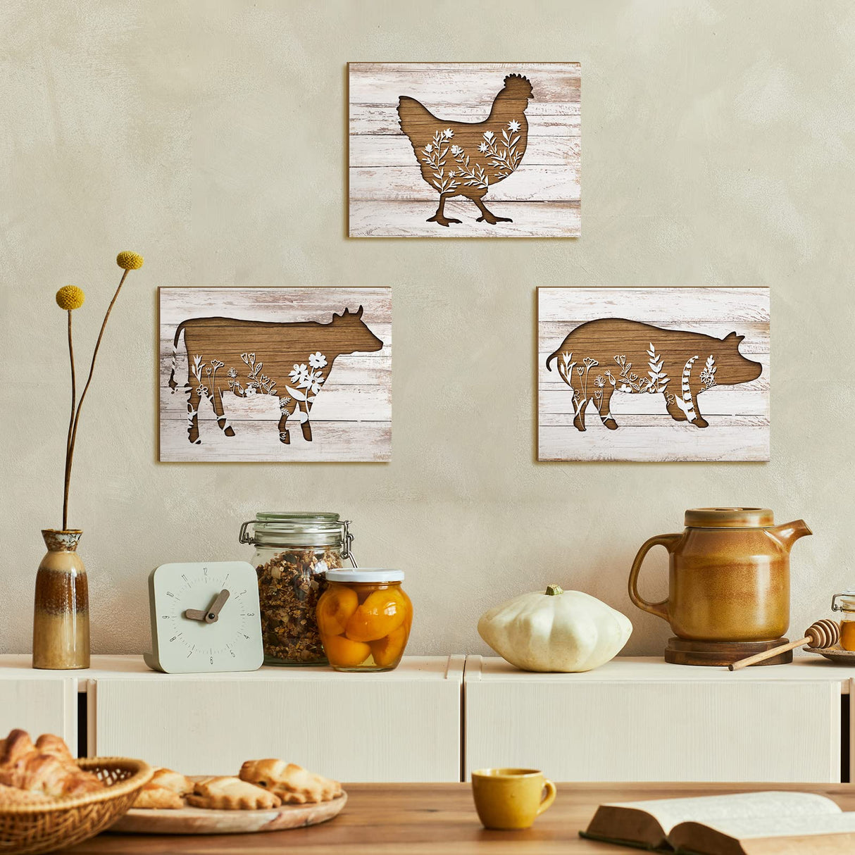 Jetec 3 Pieces Farmhouse Kitchen Signs Cow Rooster and Pig Decors 7.9 x 5.9 Inch Rustic Wooden Signs Country Wall Decorations for Kitchen Wall Decor and Home Decor (Cute Style) Jetec