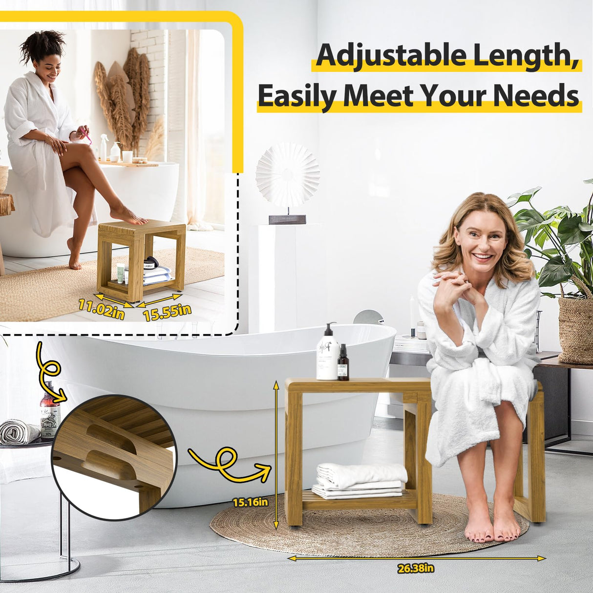 Update Adjustable Wooden Shower Benches for Inside Shower, 26.4'' Wood Shower Bench Waterproof, 440lbs Bathroom Bench with Storage, Sauna Bench for Bathroom, Shower Chairs for Seniors Adults Elderly WXCOPON